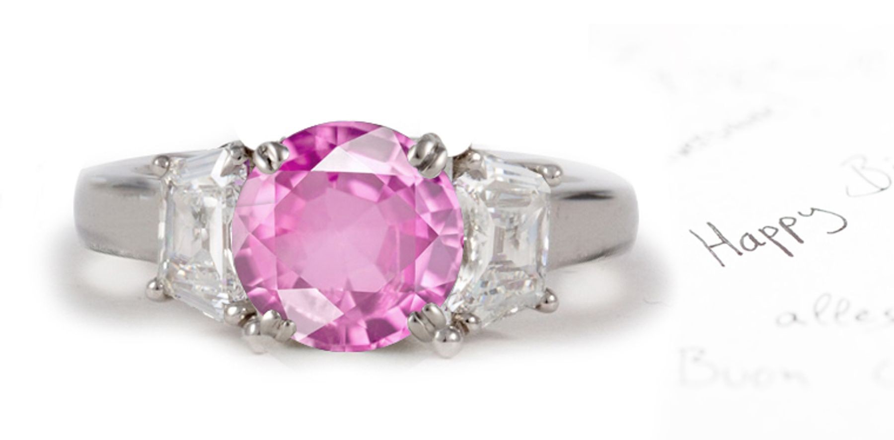 Gualtieri Collection: 3 Stone Round Pink Sapphire & Shield Cut Diamond Ring in Gold