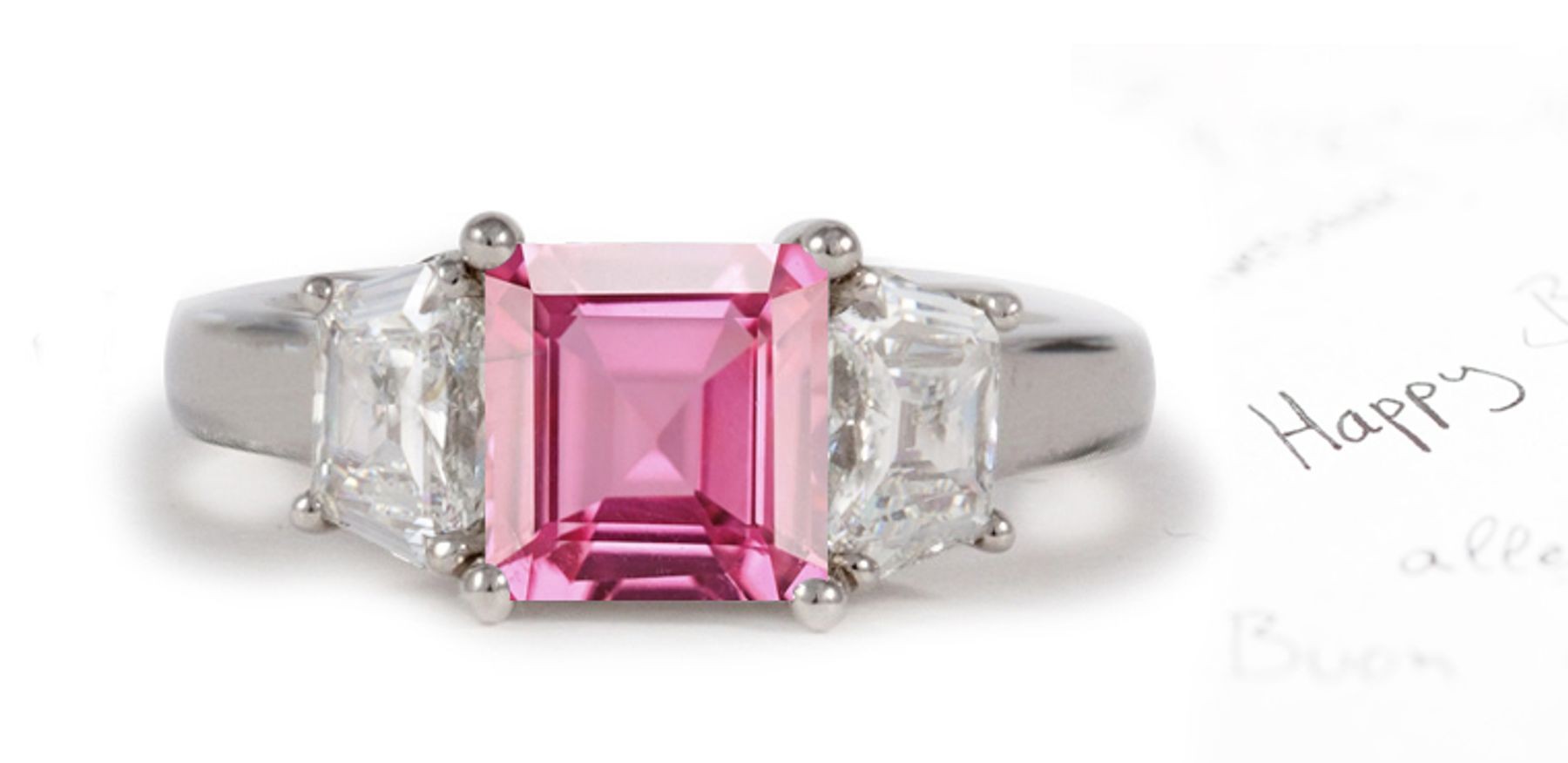 3 Stone Square Rich Pink Sapphire & Shield Cut White Diamonds Ring 