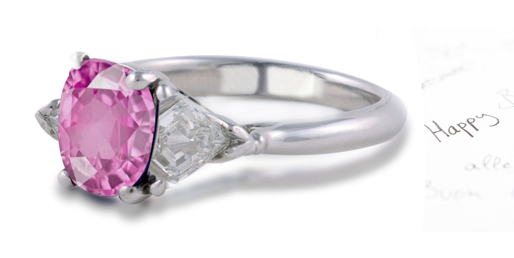 Mount Atlas Gallery: 3 Sone Oval Rich Pink Sapphire & Shield Bullet Diamond Ring