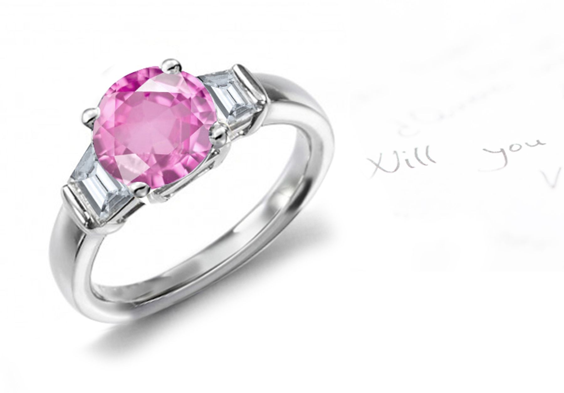 Great Lake Collection: 3 Stone Round Rich Pink Sapphire & Trapezoid Diamond Gold Ring