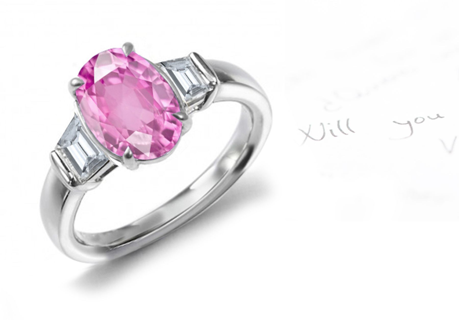 Beating Its Wings: 3 Stone Oval Rich Pink Sapphire & Trapezoid White Diamonds Gold Ring