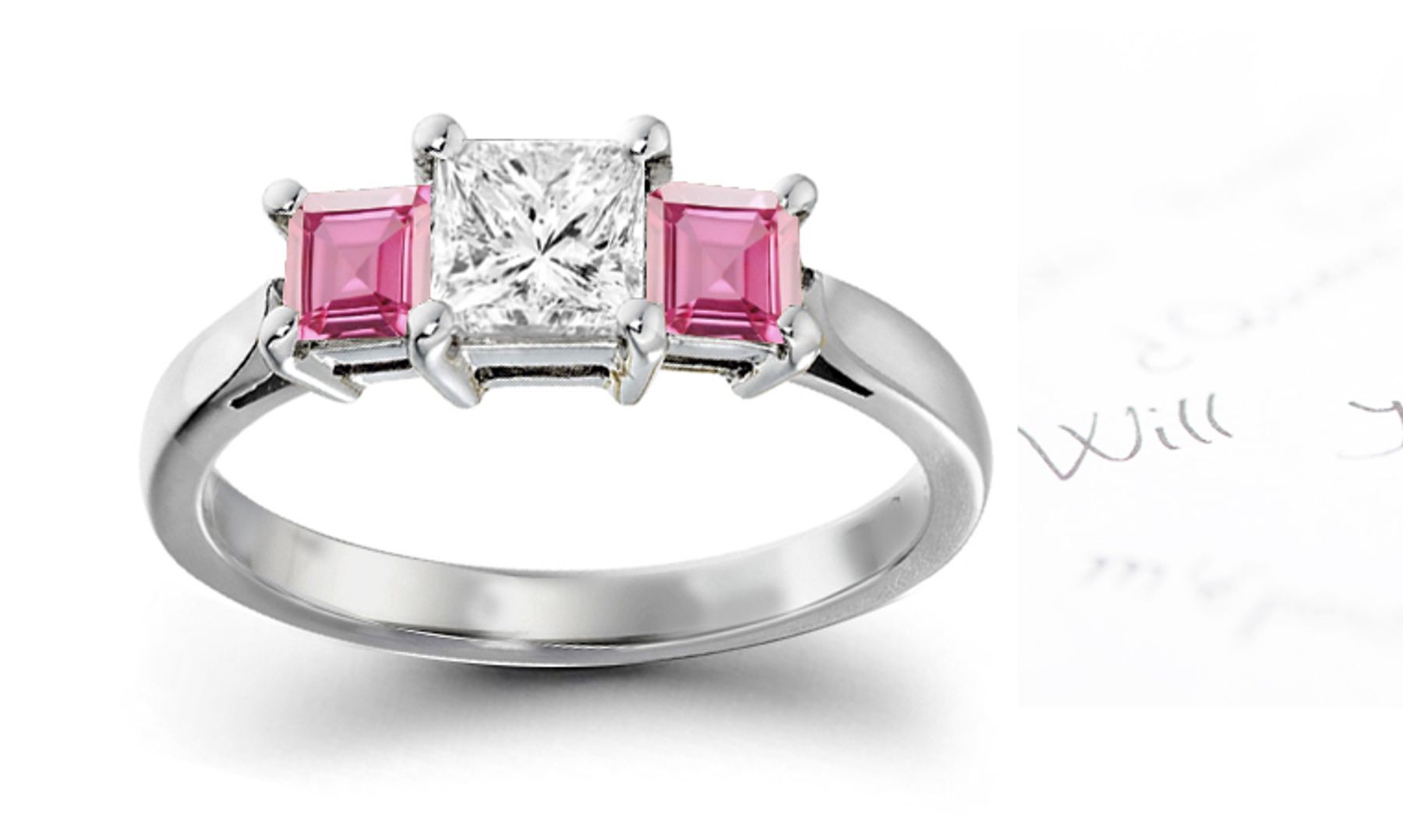 Santa Maria Nuova: 3 Stone Square Rich Pink Sapphire & Princess Cut Diamond Ring