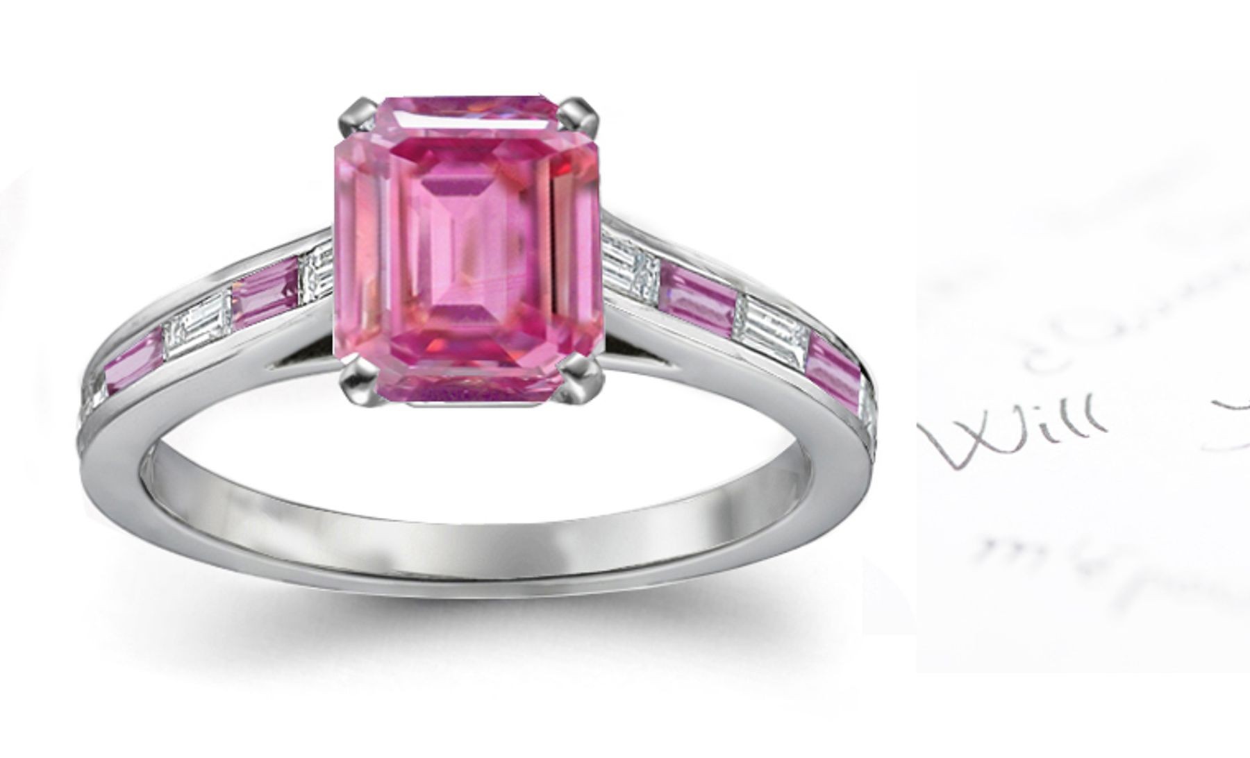 Ponte Rubaconte: Emerald Cut Rich Pink Sapphire & Baguette White Diamonds Ring