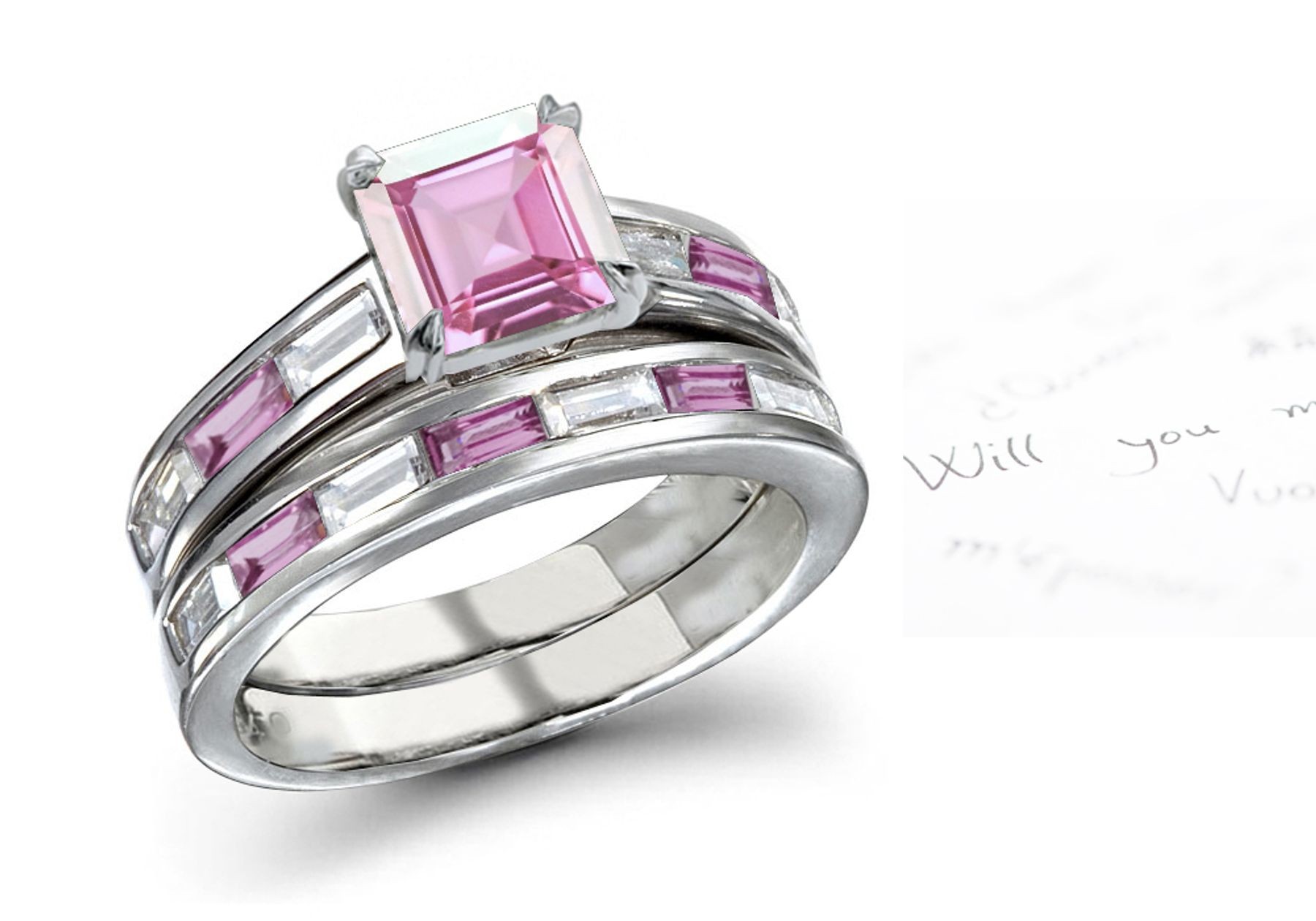 The Swan Lake: Princess Cut Rich Pink Sapphire & Baguette White Diamonds Ring