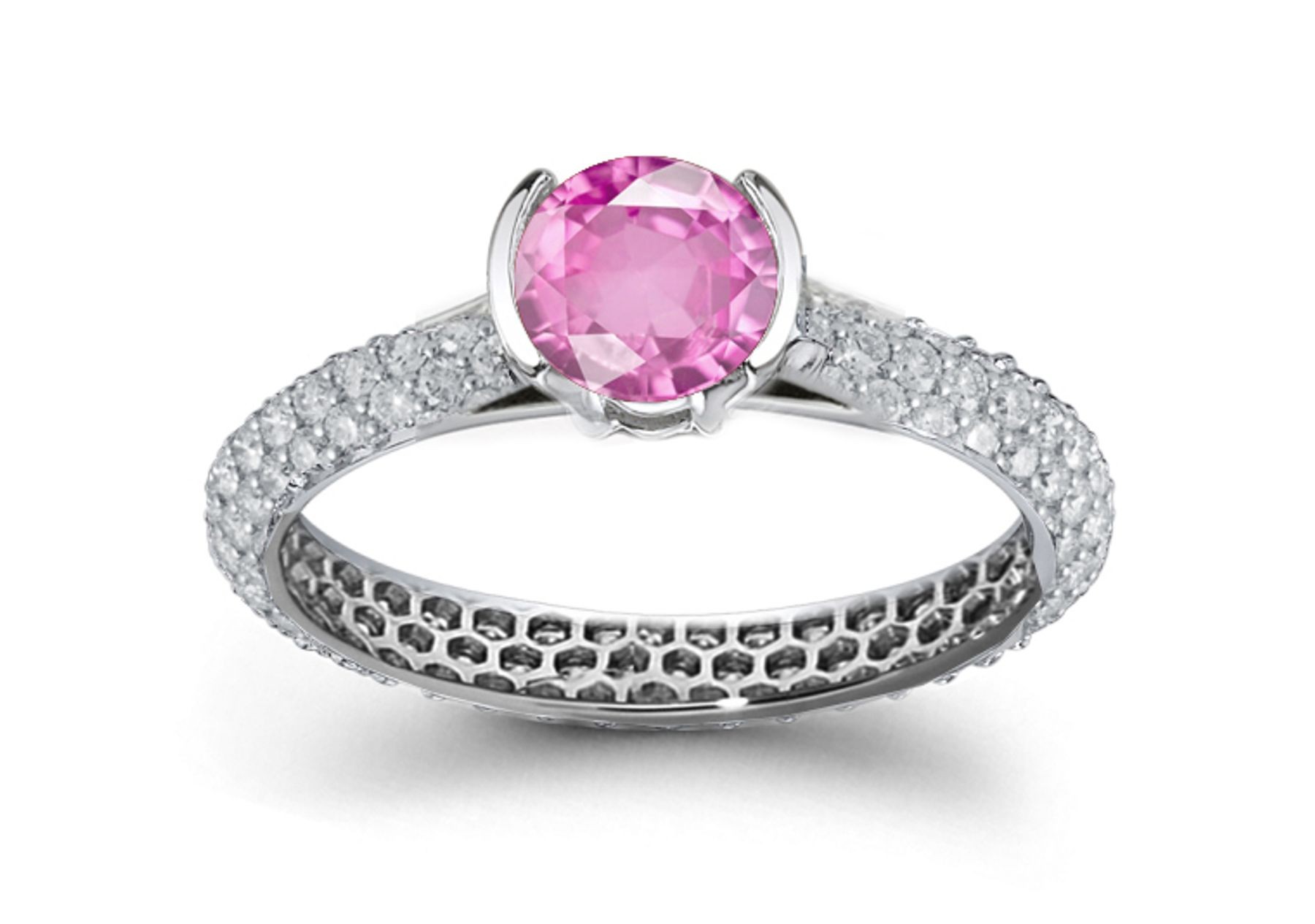 The Lotus Gallery: Round Pink Sapphire & Pave Set Diamond Ring in 14k White Gold