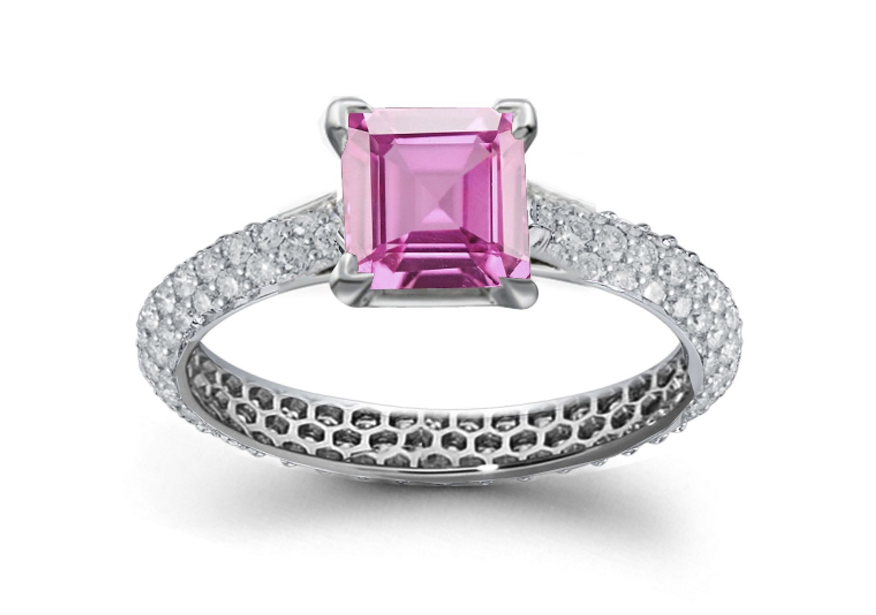 Butterfly Gallery: Princess Cut Rich Pink Sapphire & Pave Set White Diamonds Shank Ring