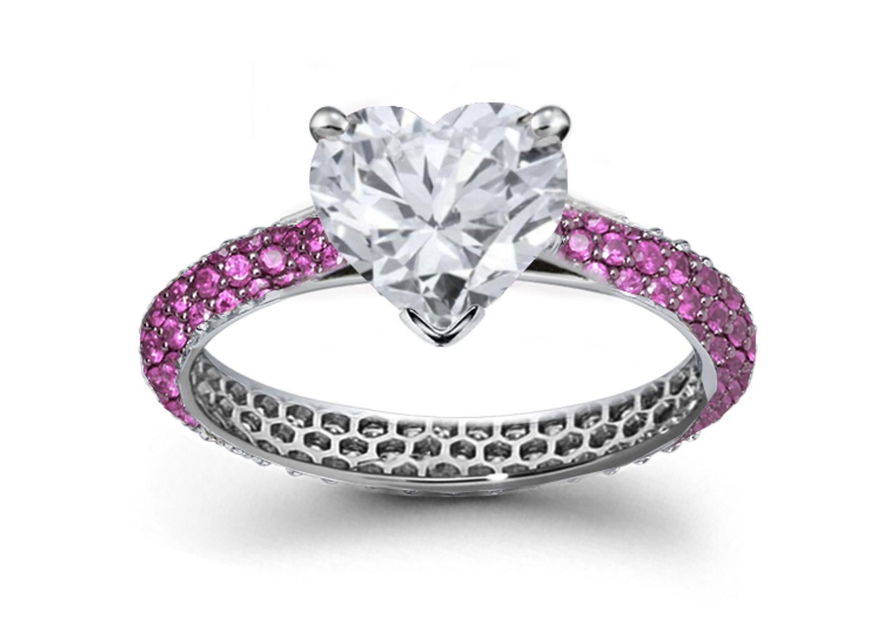 Fluttering Wings Gallery: Pave Set Pink Sapphire & & Heart White Diamond Ring