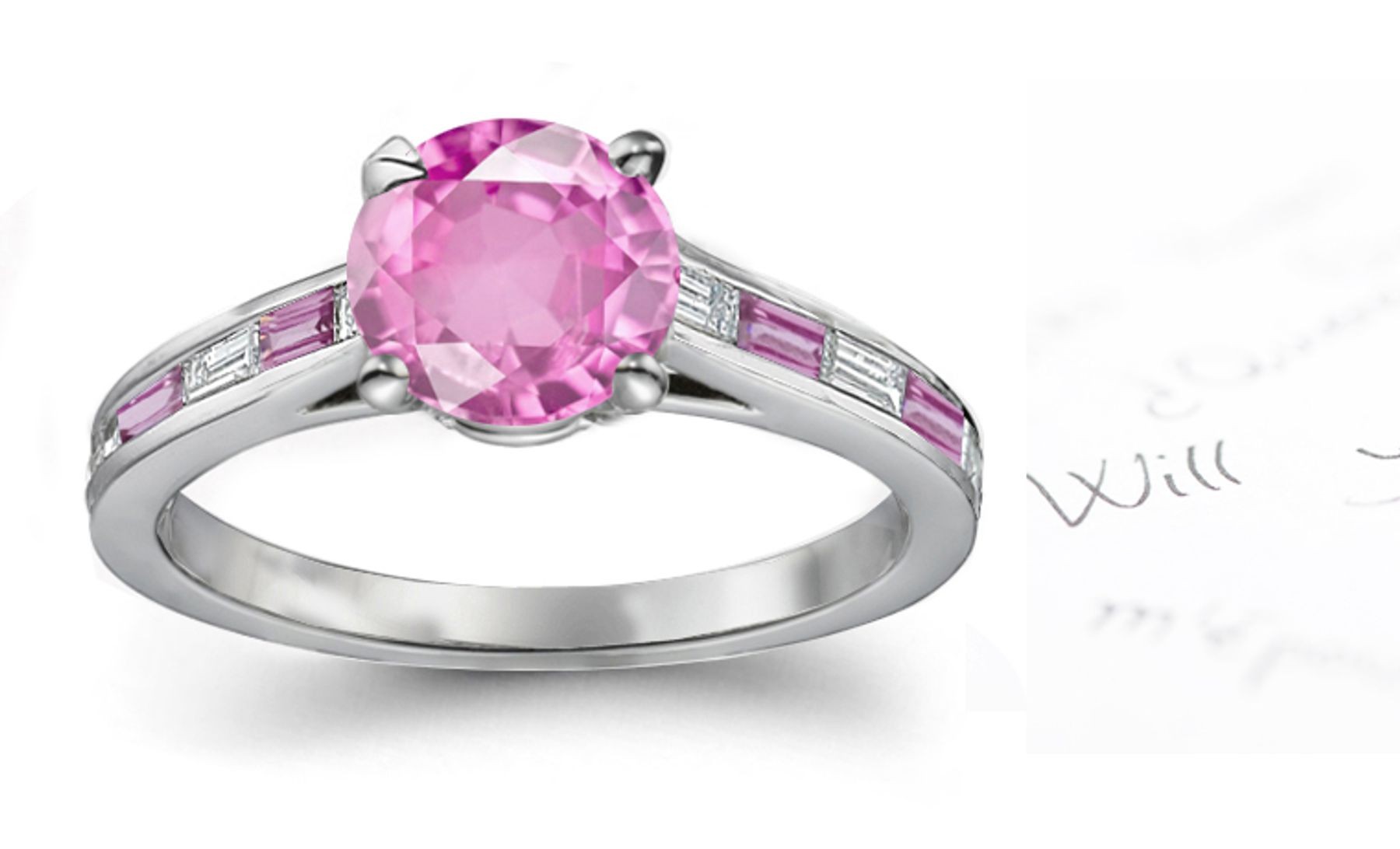 Springs Up: Round Pink Sapphire & Baguette White Diamond Ring in Platinum