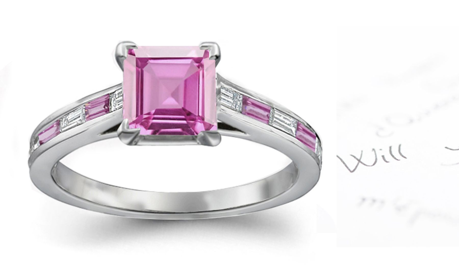 The Embrace Ring: Princess Cut Pink Sapphire & Baguette White Diamond Ring in Gold