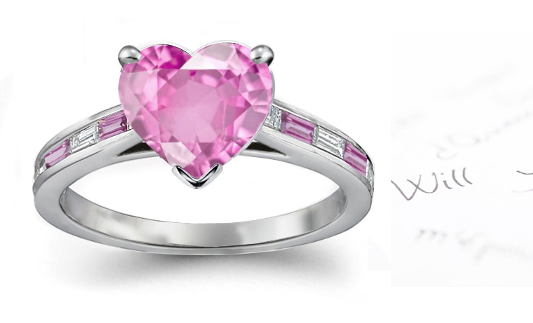 The Flight Ring: Heart Pink Sapphire & Baguette White Diamond Ring