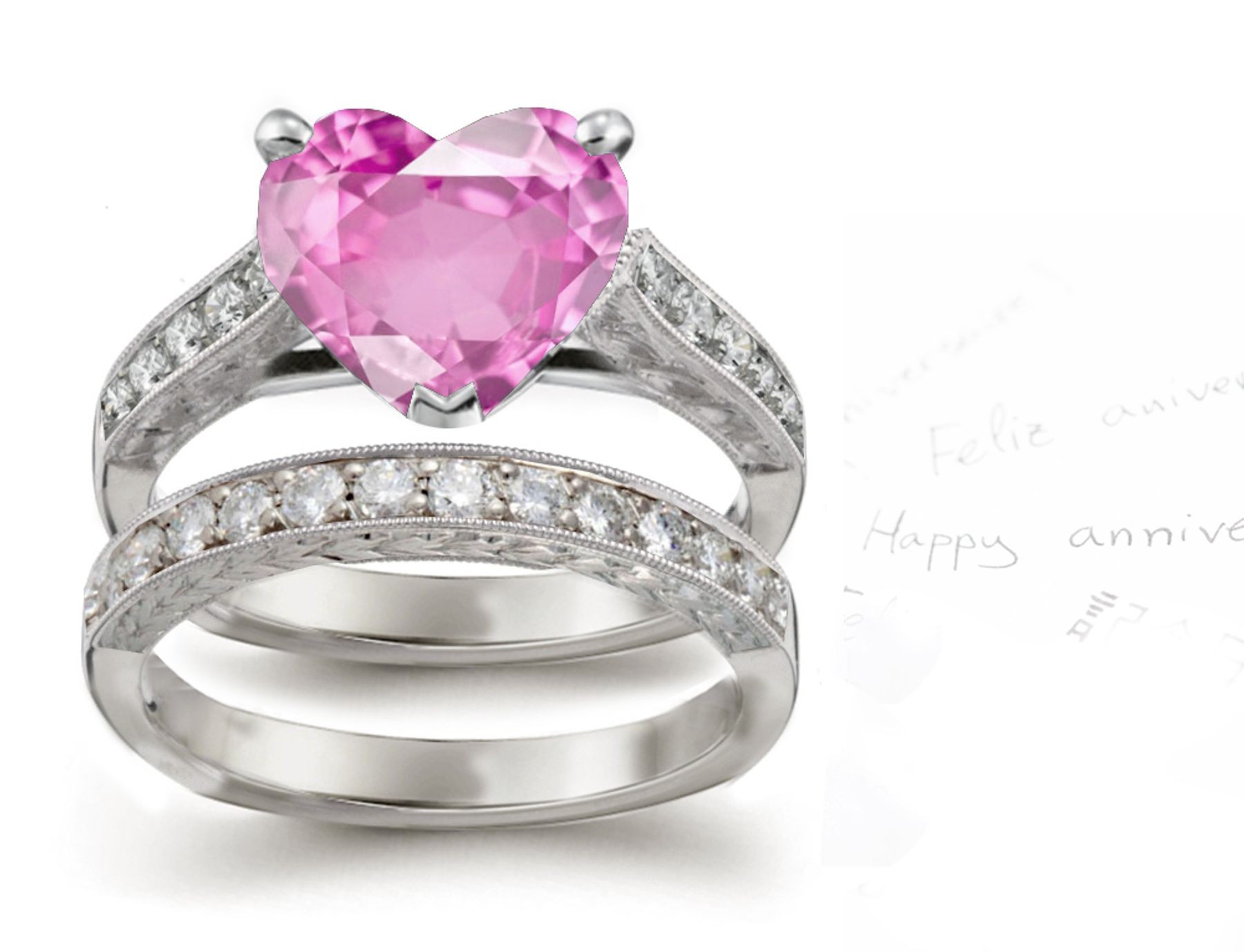 The Ascent Ring: Art Deco Heart Pink Sapphire & White Diamond Bridal Set in Gold