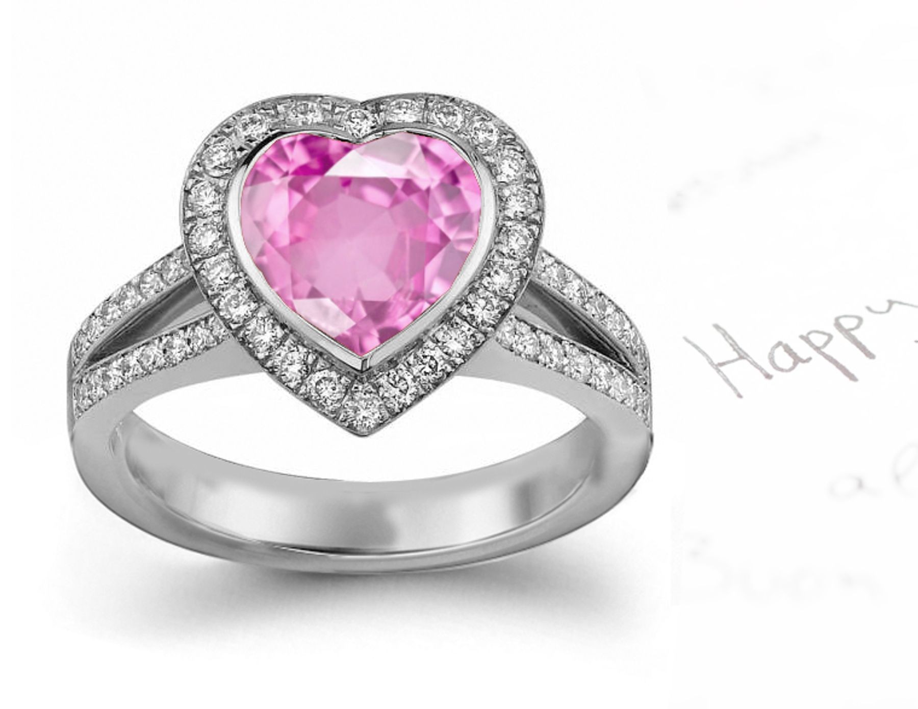 The Descent Ring: Split Shank Pink Heart Sapphire & White Diamond Ring in Gold