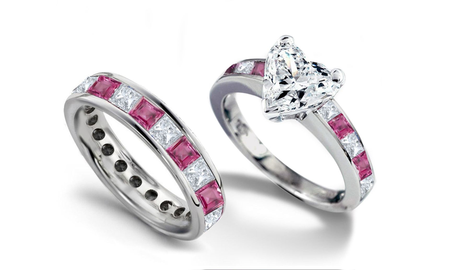 The Binding Ring: Heart White Diamond & Square Sapphire Bridal Set in 14k Gold