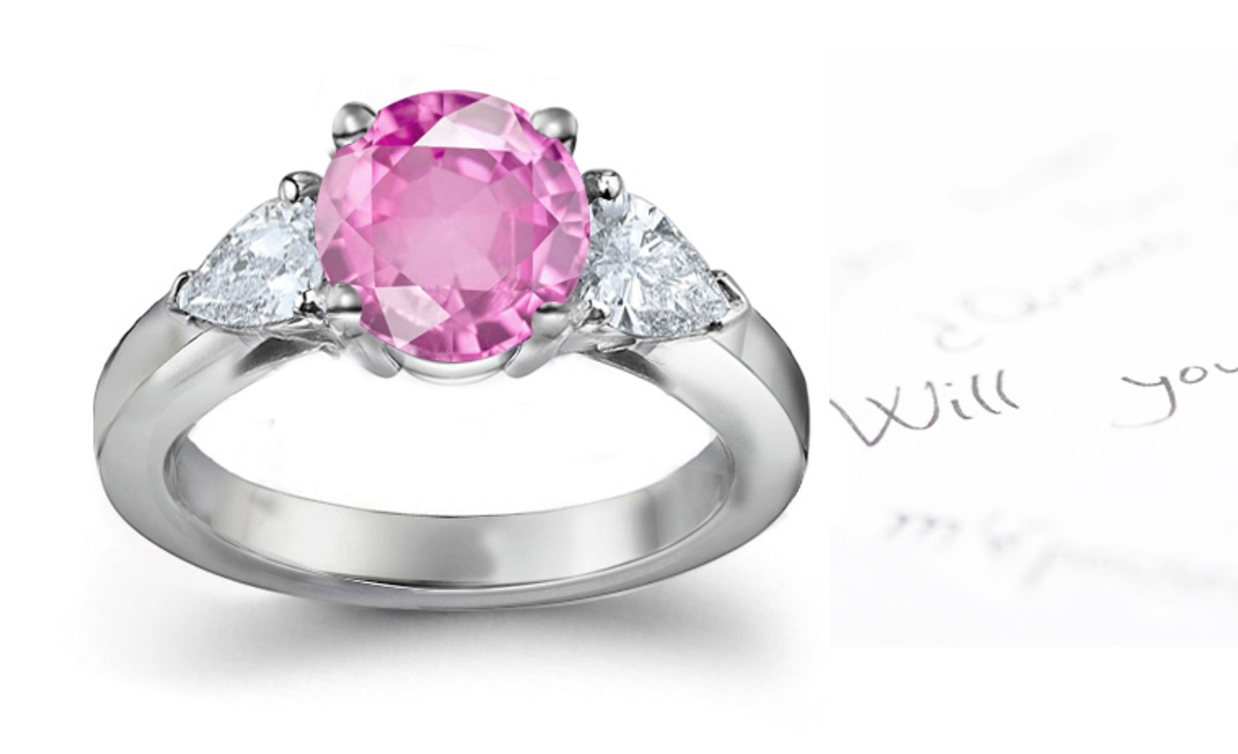 3 Stone Round Pink Celestial Sapphire & Pears White Diamond Ring in Platinum & 14k Gold
