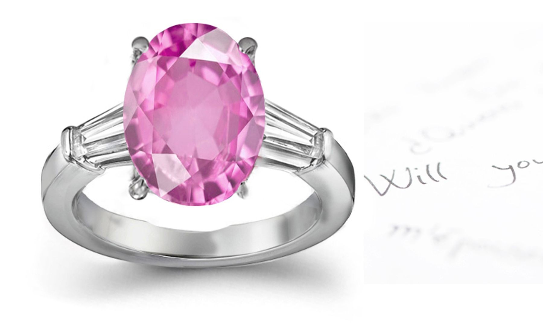 Water Canary: Pink Oval Celestial Sapphire & Baguette White Diamond Designer Ring in 14k Gold