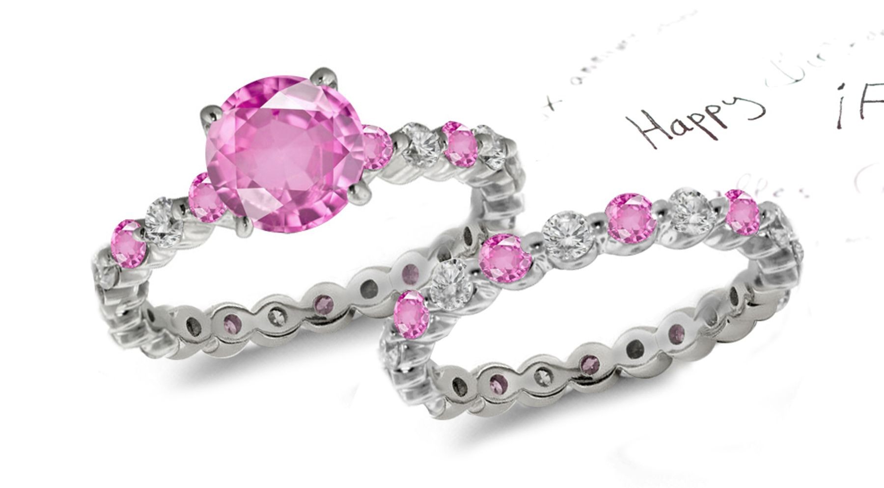 Rocky Mountain: 14k Gold Round Bar Set Pink Celestial Sapphire & White Diamond Bridal Set