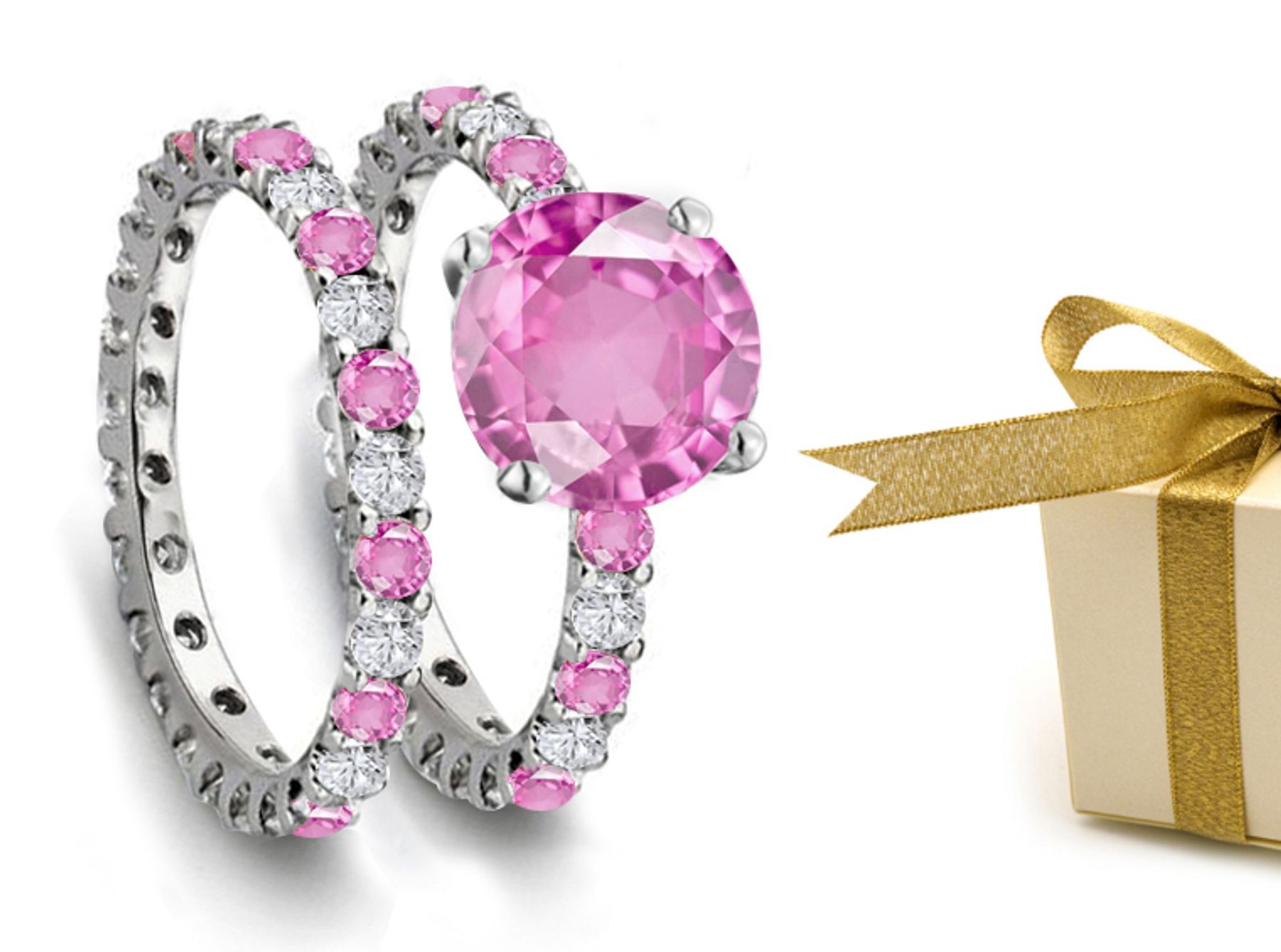 Flight To Fame: Prong Set Pink Celestial Sapphire & White Diamond Engagement & Wedding Rings Gold