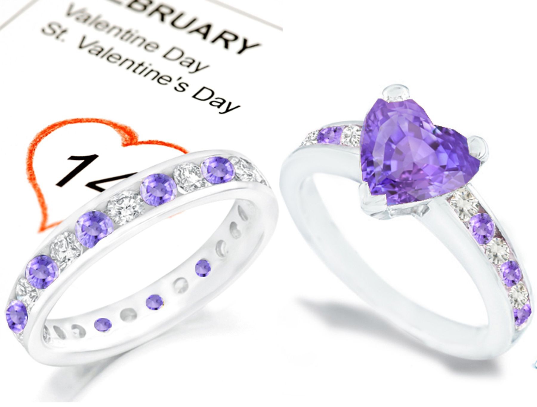 Heart Purple Sapphire Diamond Engagement Wedding Ring Set