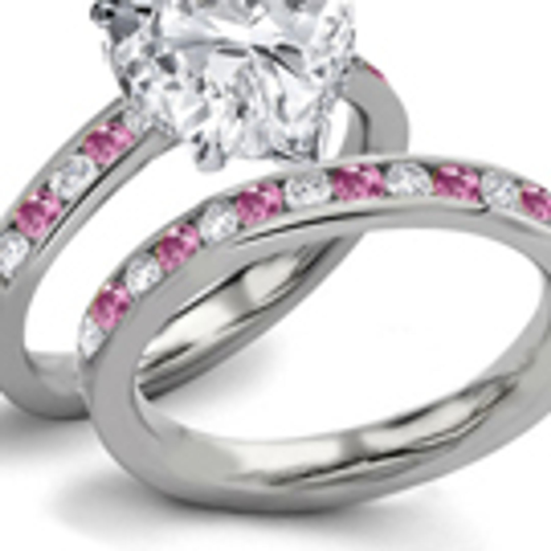 Flight to Fantasy: Pink Heart Celestial Sapphire Heart White Diamond Bridal Set in 14k Gold