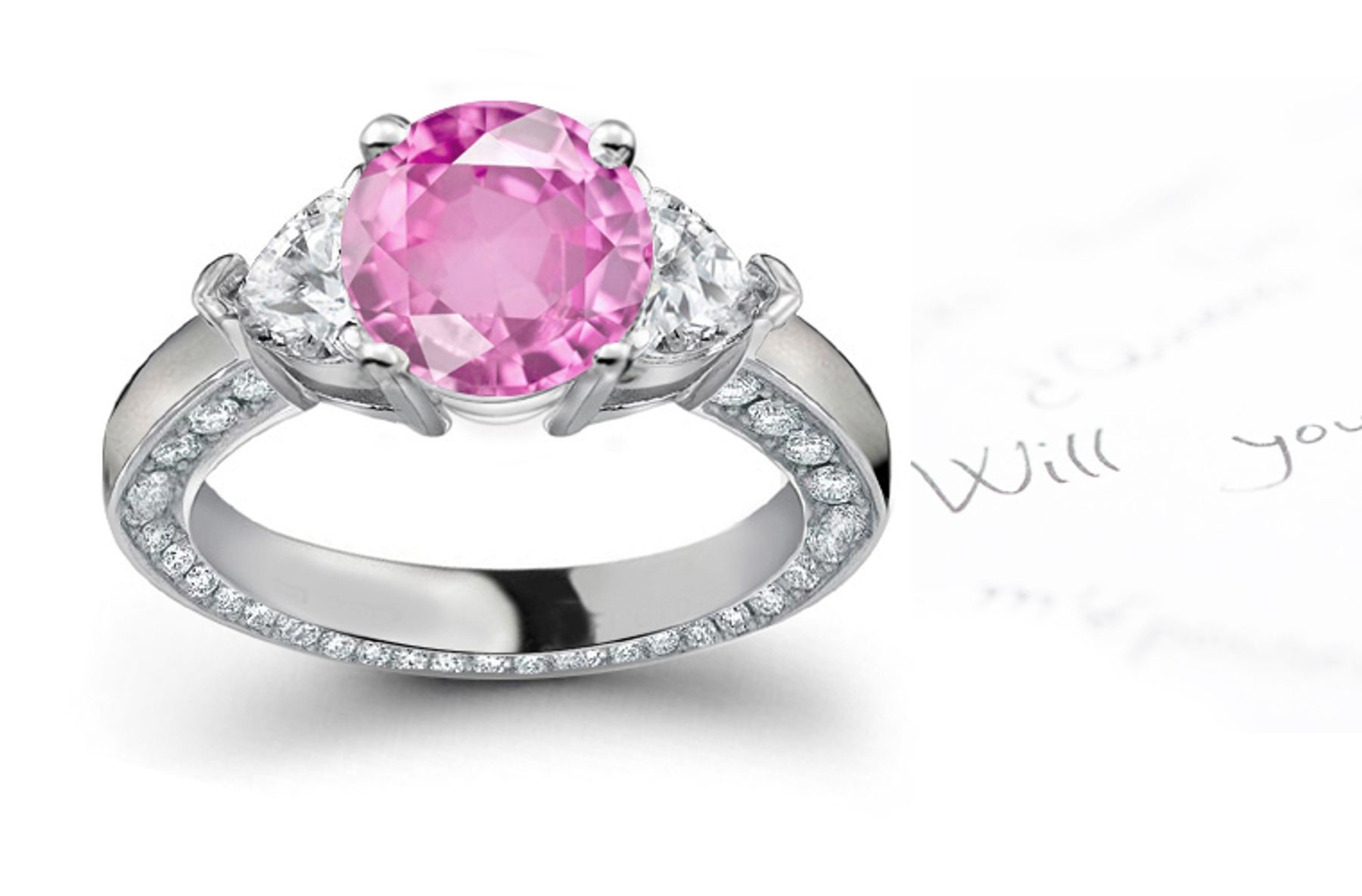 Flight of Love: 3 Stone Round Celestial Sapphire & Heart White Pure White Diamond Ring