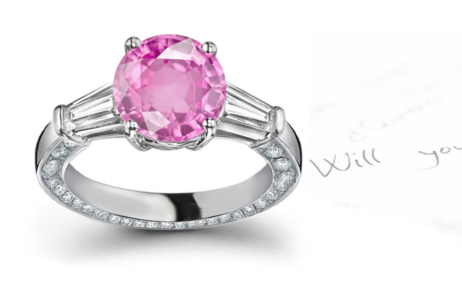 Beauty Flight: 3 Stone Round Celestial Sapphire & Baguette White Diamond Engagement Ring