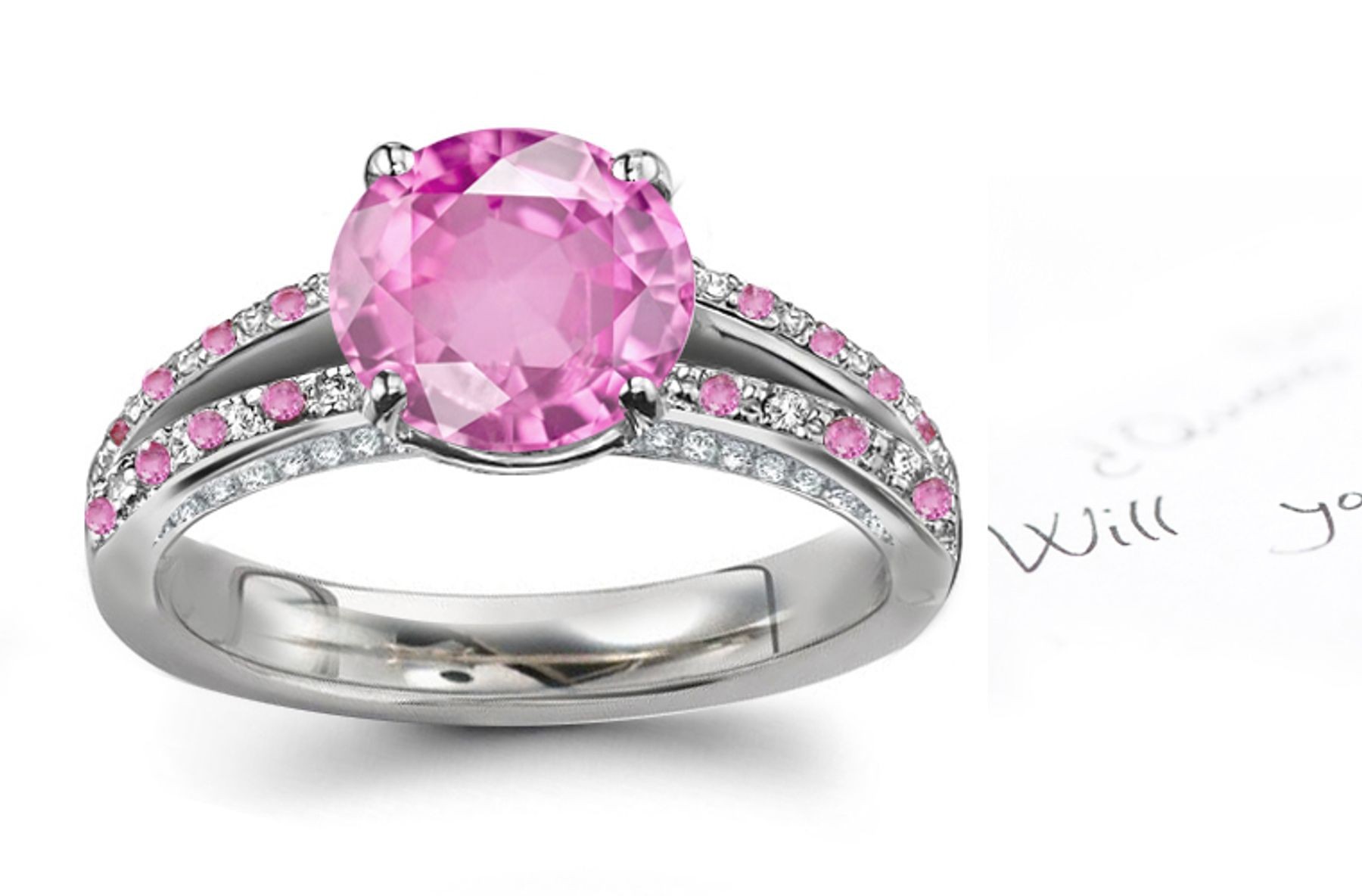 Split Shank Design Pink Regal Sapphire & White Diamond Ring in Gold