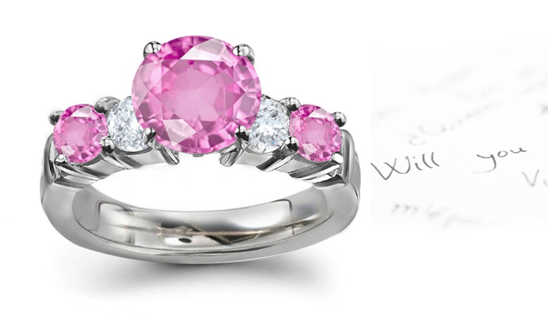 Gold 5 Stone Round Pink Regal Sapphire White Diamond Ring