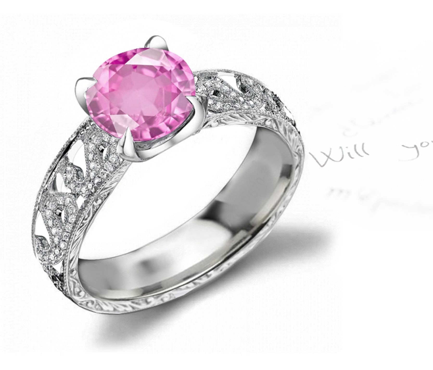 Gold Shank with Leaf Pattern Pink Regal Sapphire & White Diamond Ring