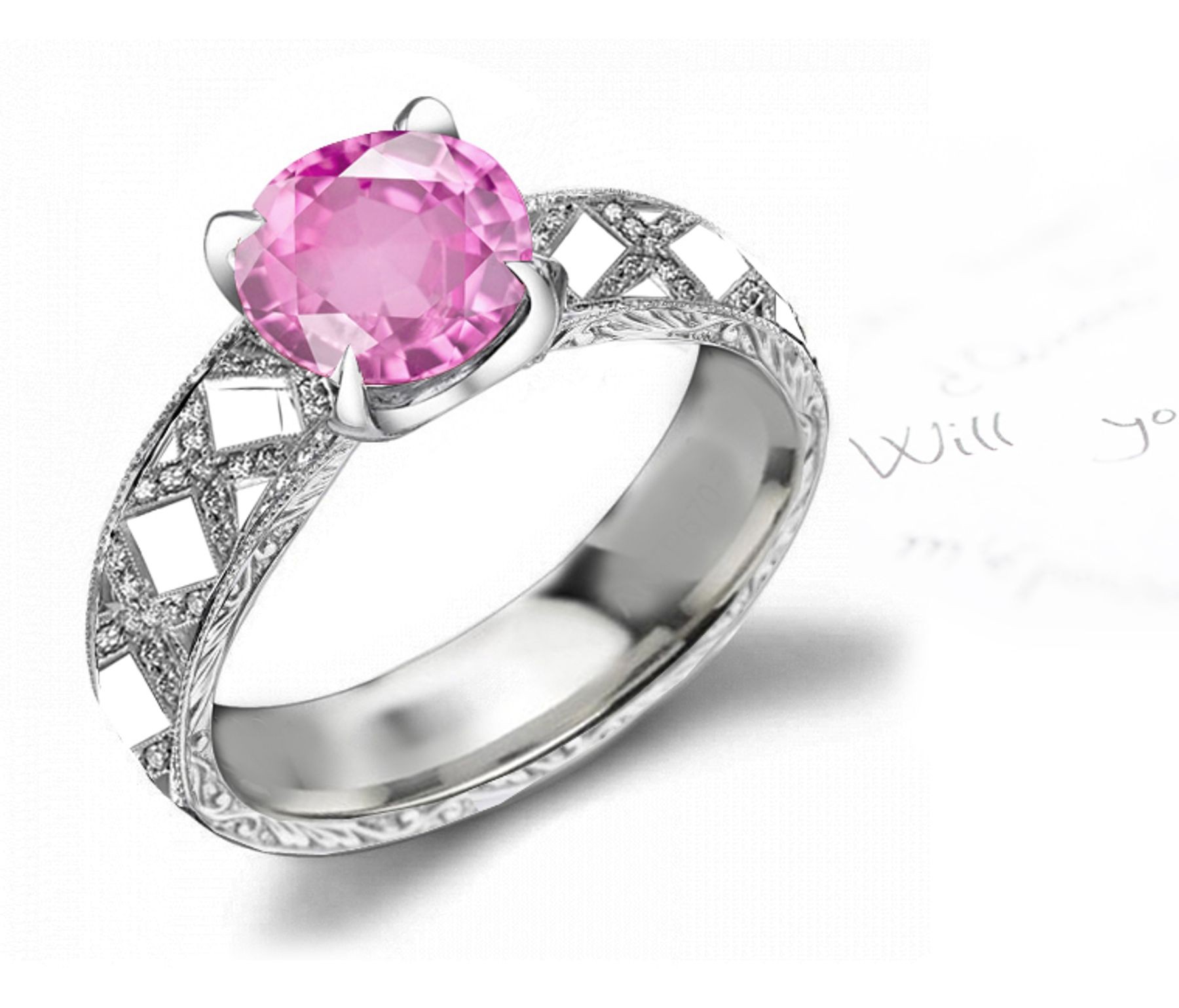 Gold Shank with Star Pattern Pink Fine Sapphire & White Diamond Ring