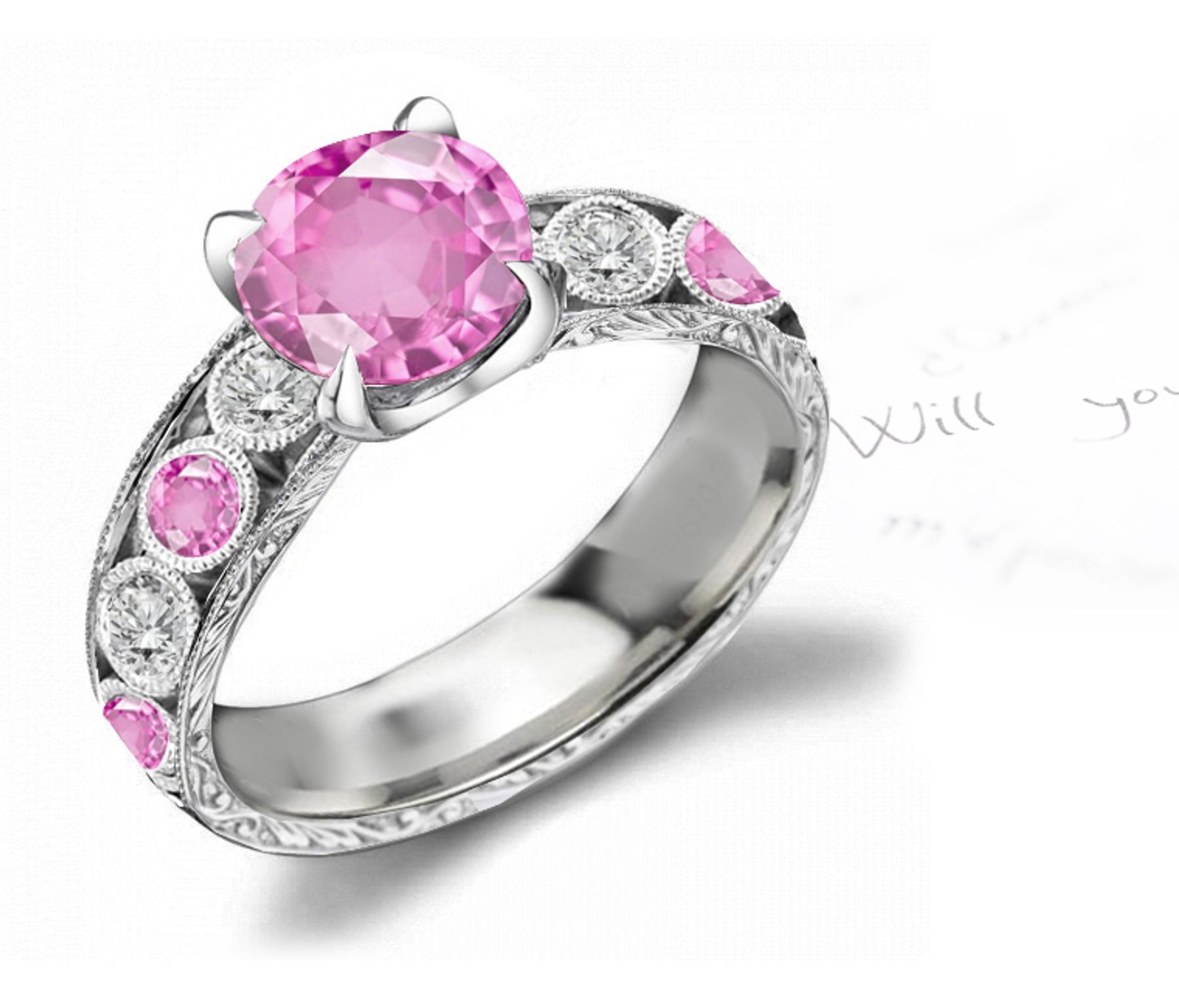 Gold Shank with Bezel Set Pink Fine Sapphire & Pure White Diamond Ring