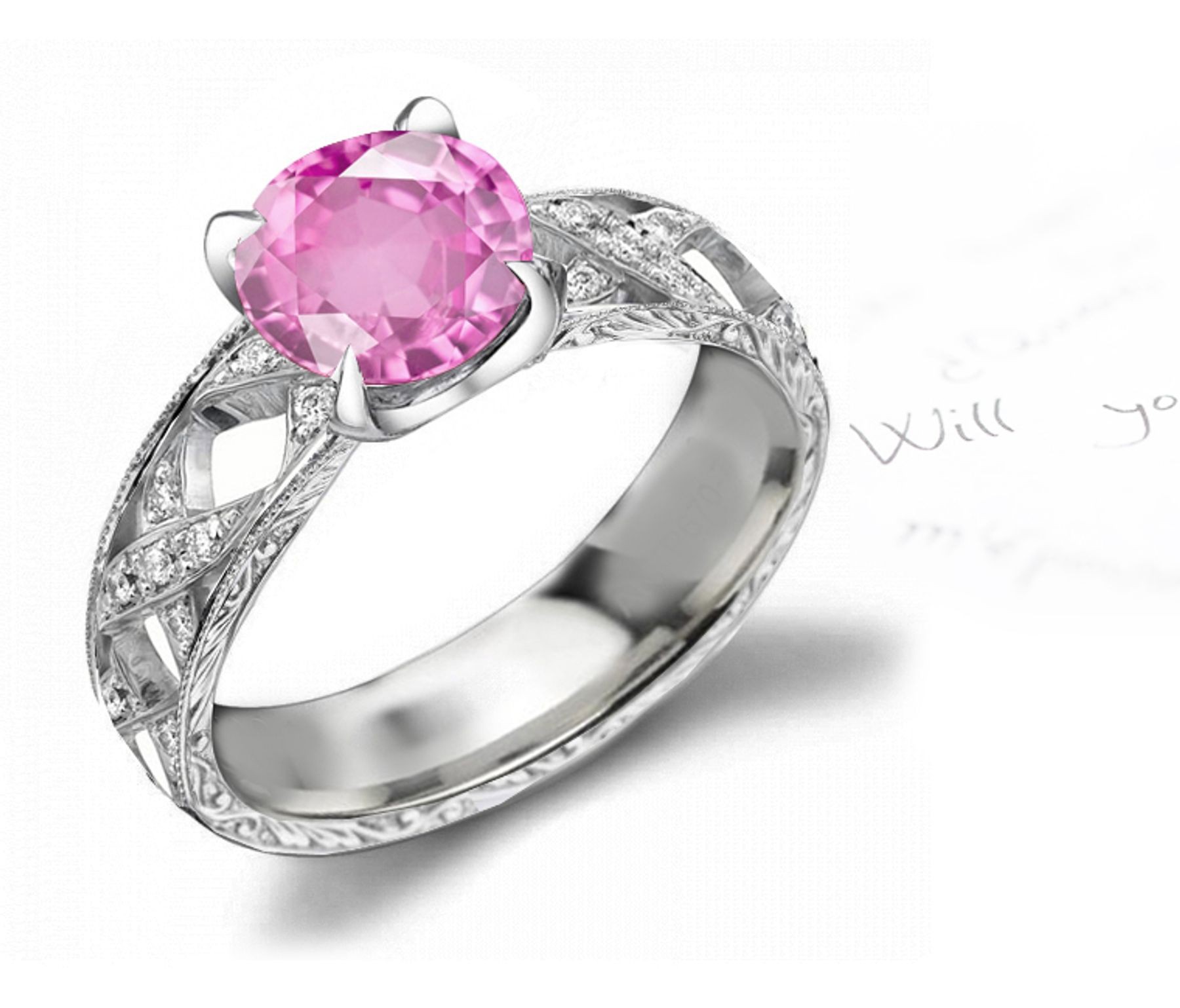 Gold Shank with Star Pattern Pink Fine Sapphire & Pure White Diamond Ring