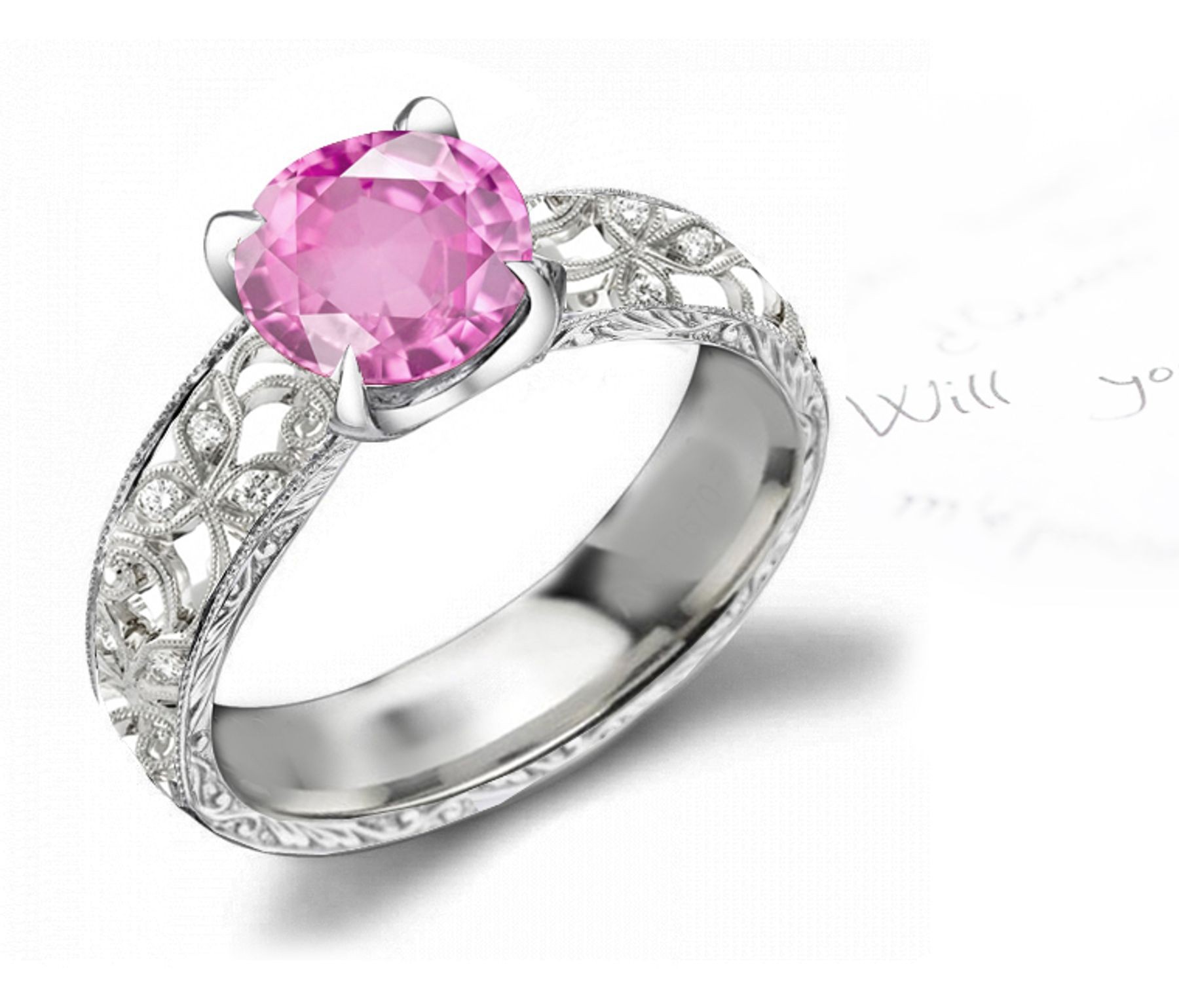 Gold Shank with Leaf Pattern Pink Fine Sapphire & Pure White Diamond Ring