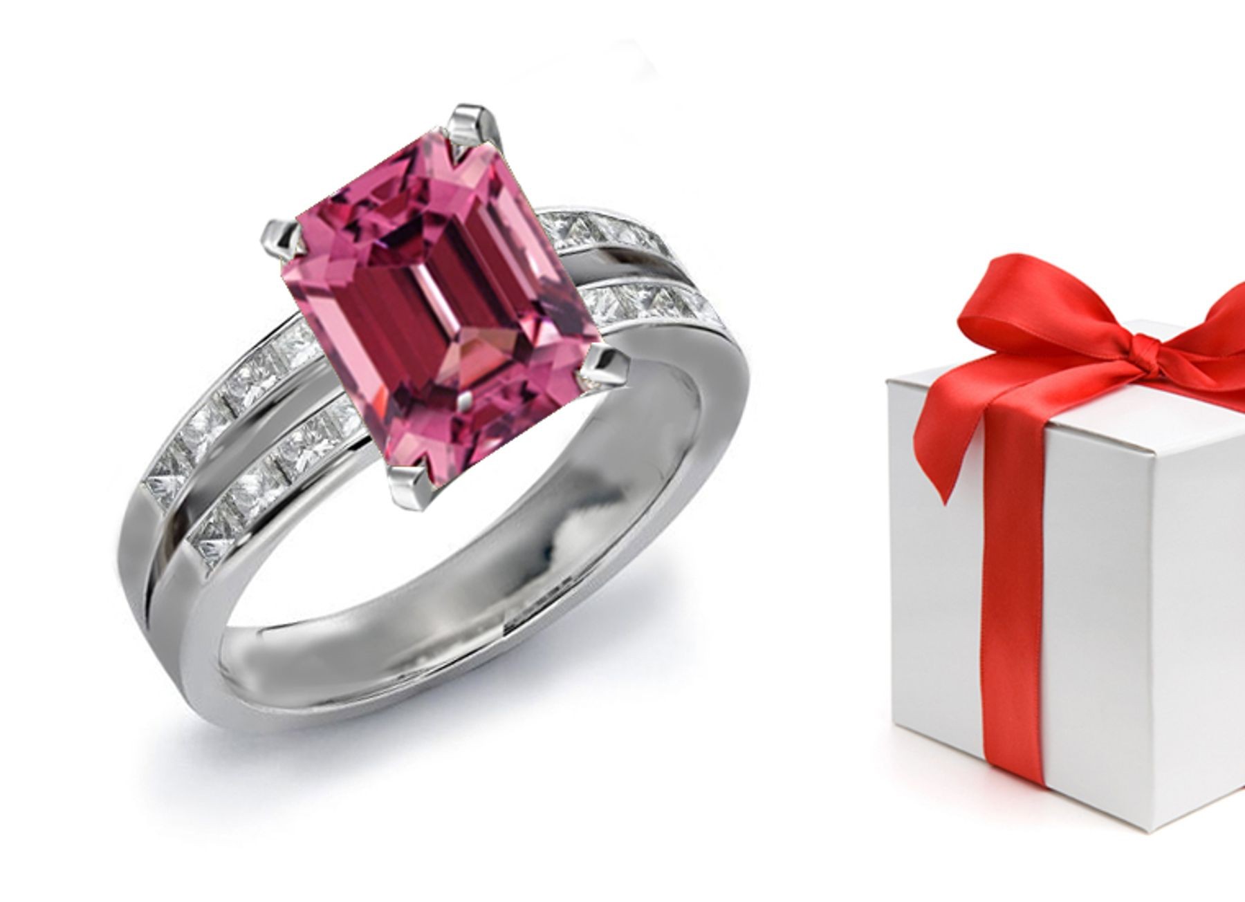 Split Shank Design Emerald Cut Fine Deep Pink Fine Sapphire & Princess Cut Pure White Diamond Ring