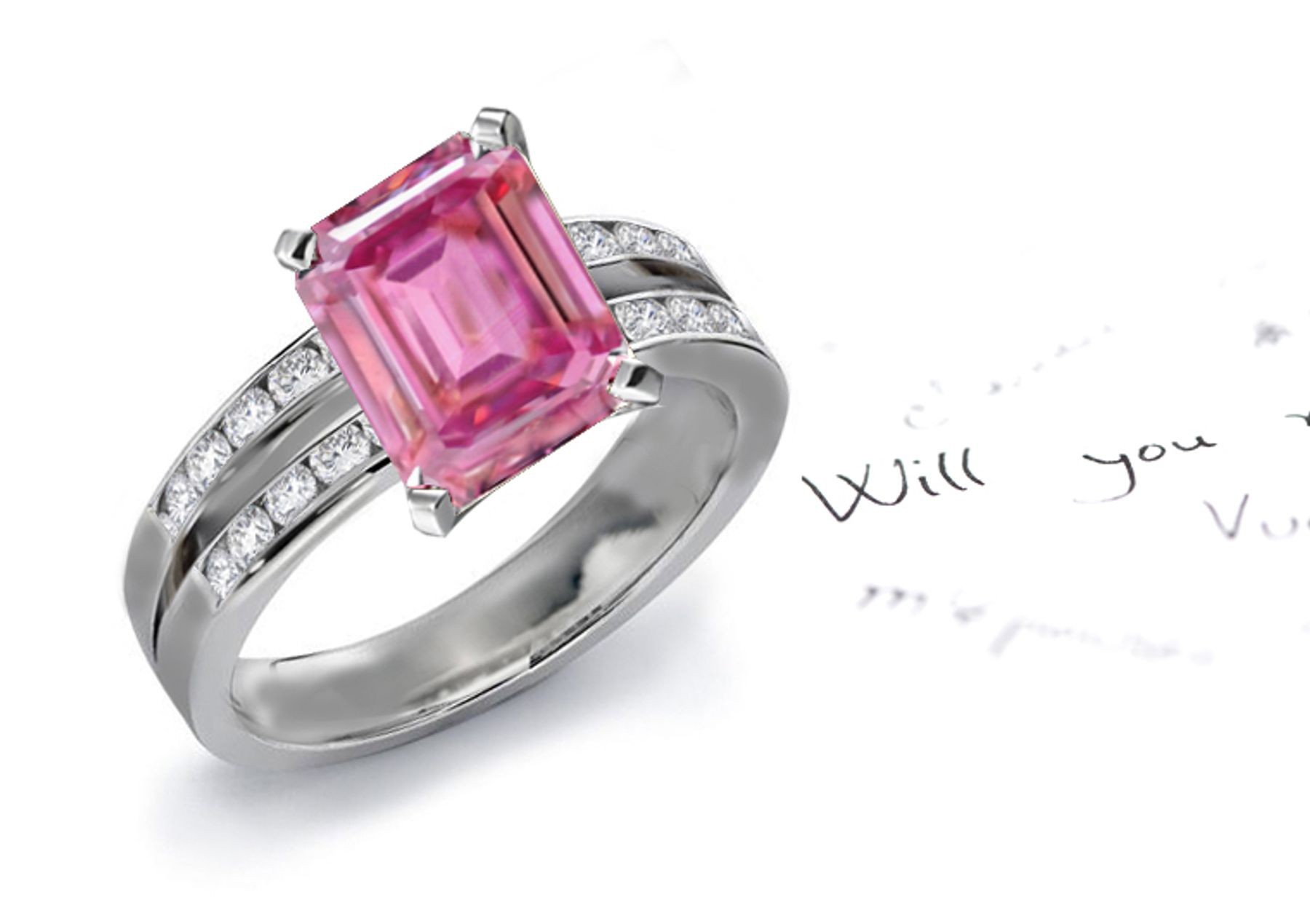 Gold Split Shank Design Emerald Cut Fine Deep Pink Fine Sapphire & Round Pure White Diamond Ring