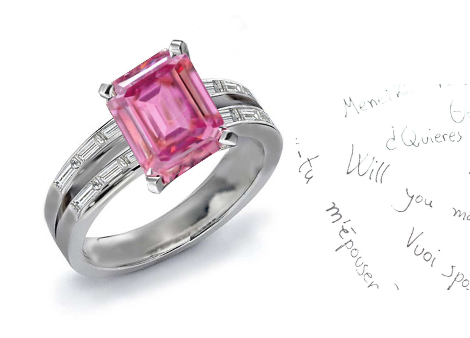 Split Shank Design Emerald Cut Fine Deep Pink Fine Sapphire & Baguette Pure White Diamond Ring in Gold