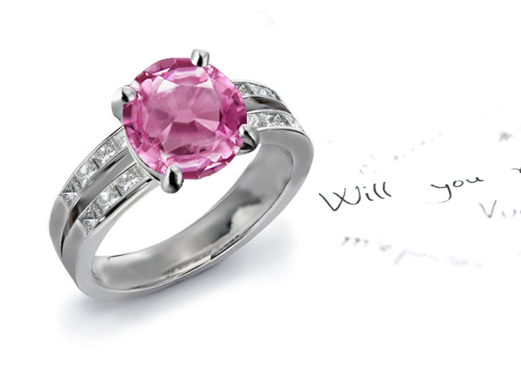 Split Shank Design Round Fine Deep Pink Fine Sapphire & Princess Cut Pure White Diamond Ring in Platinum