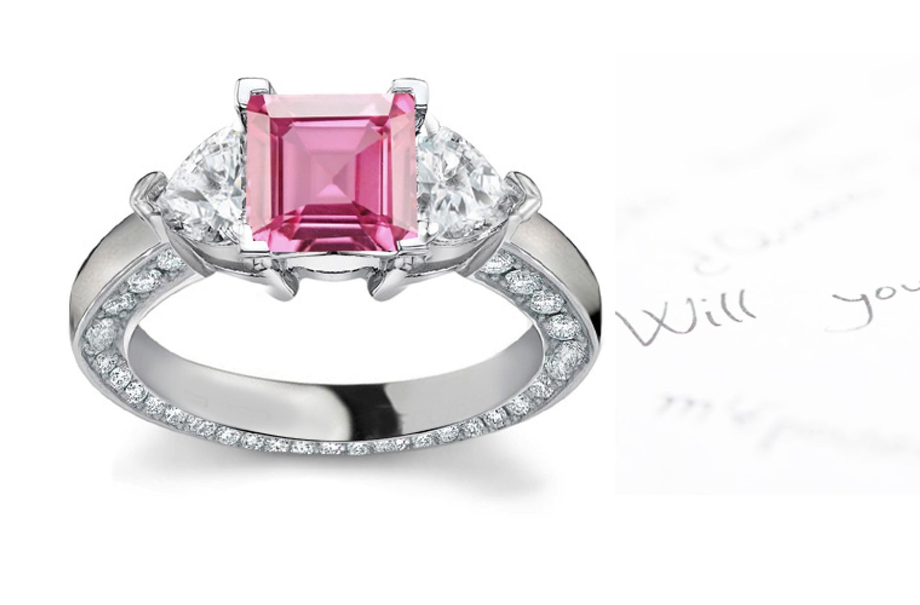 3 Stone Princess Cut Fine Sapphire & Heart Pure White Diamond Gold Ring