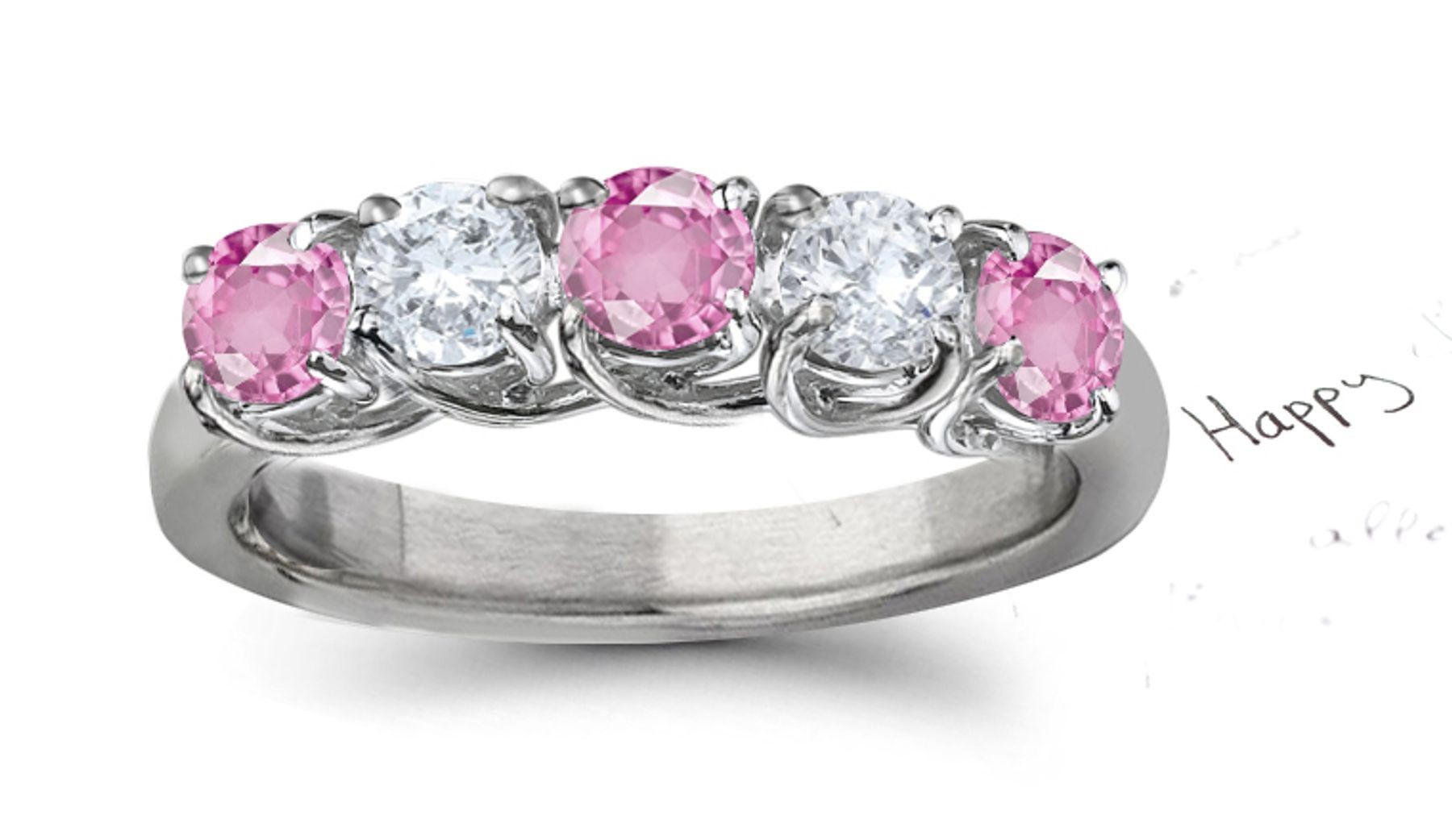 Fine Deep Pink Natural Sapphire Pure White Diamond 5 Stone Magic Fairy Diamonds Ring