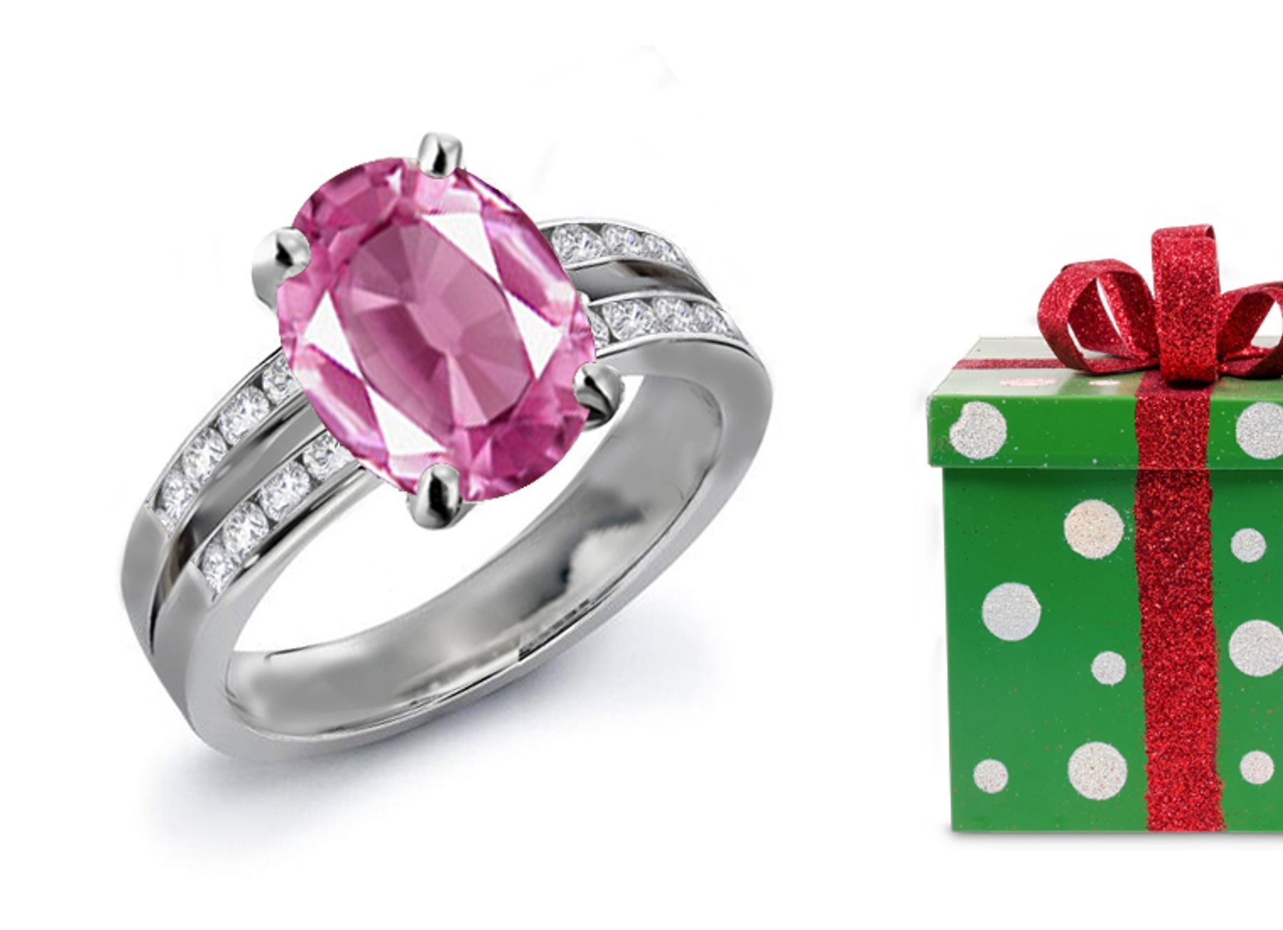 Split Shank Design Oval Fine Pink Natural Sapphire & Round Pure White Diamond Ring in 14k White Gold