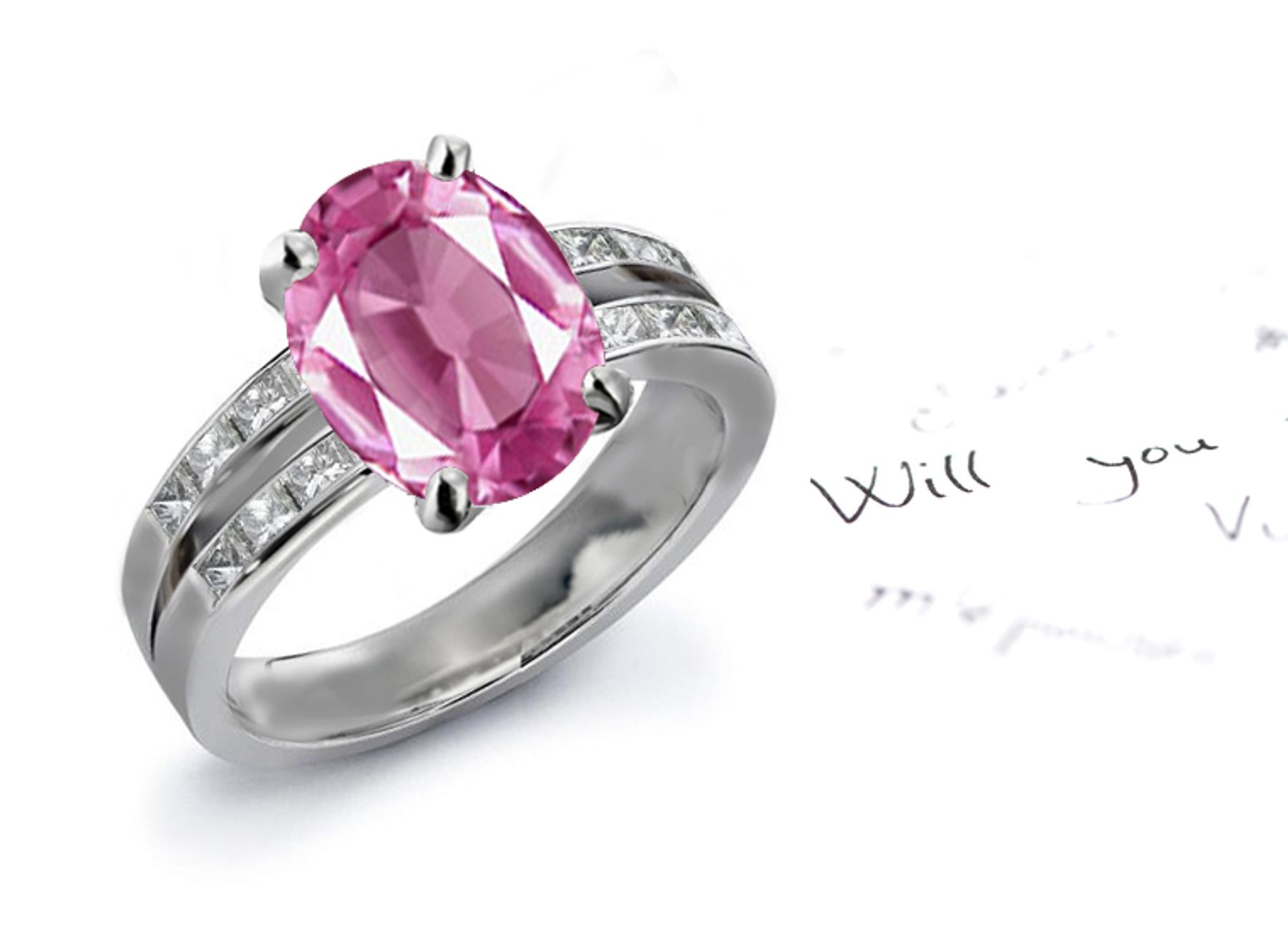 Split Shank Design Oval Fine Pink Natural Sapphire & Princess Cut Pure White Diamond Ring in Gold