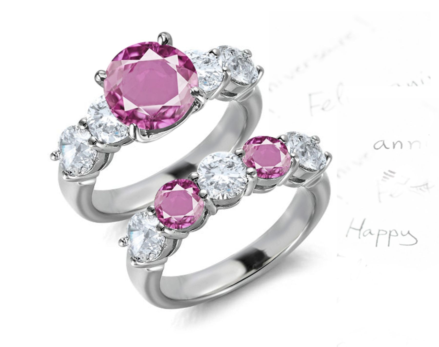 5 Stone Round Pink Noble Sapphire & White Diamond Engagement & Wedding Bridal Set Collection in Platinum & Gold