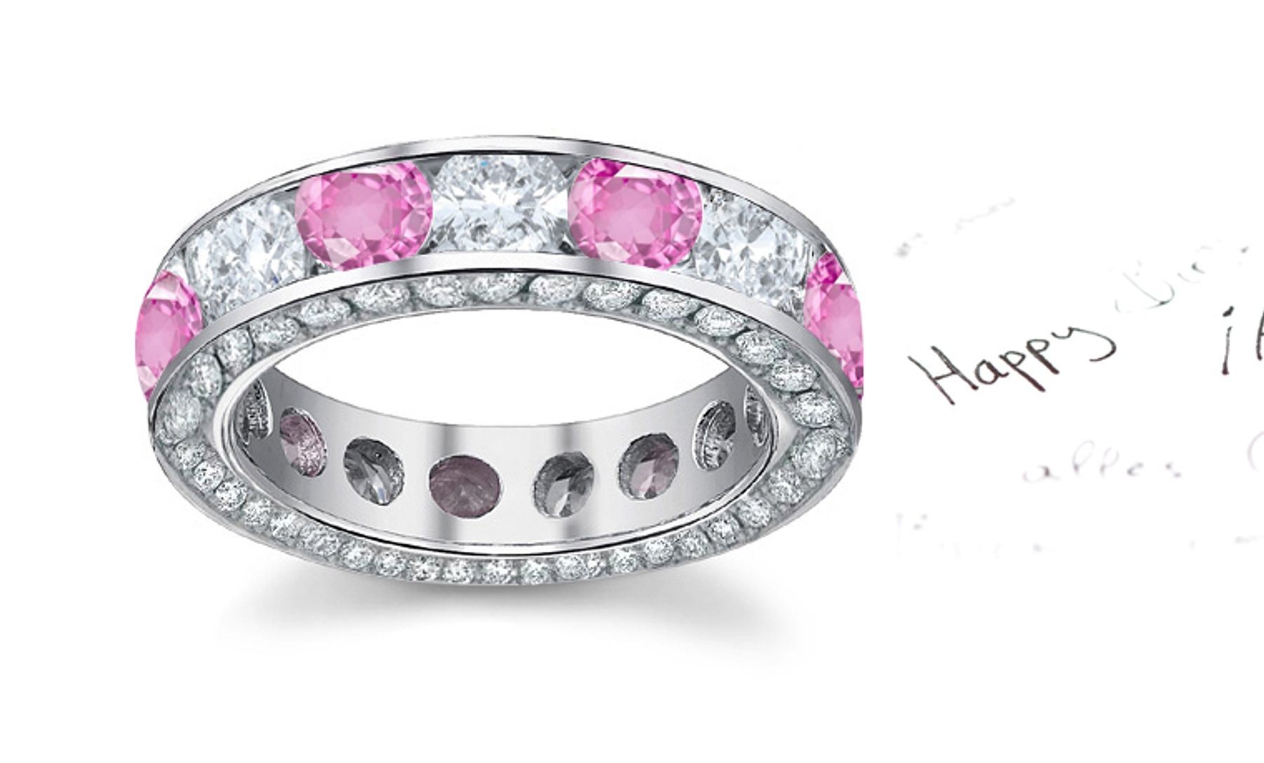 Pink Noble Sapphire White Diamond eternity band, Crafted in Platinum & Gold