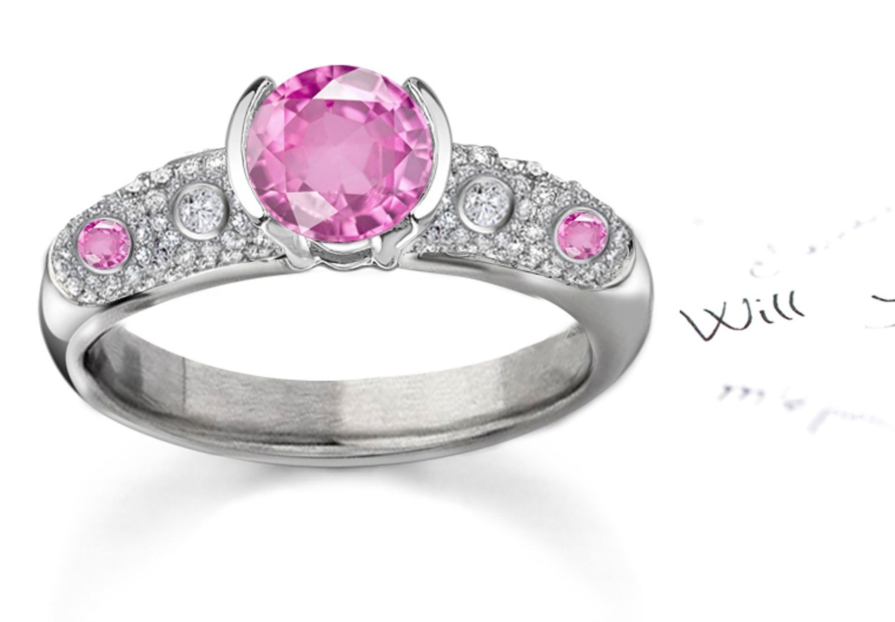 An Extra-Bright and Vibrant, Deep, Rich Pink Ceylon Tradional Sapphire and White Diamond Ring in Gold