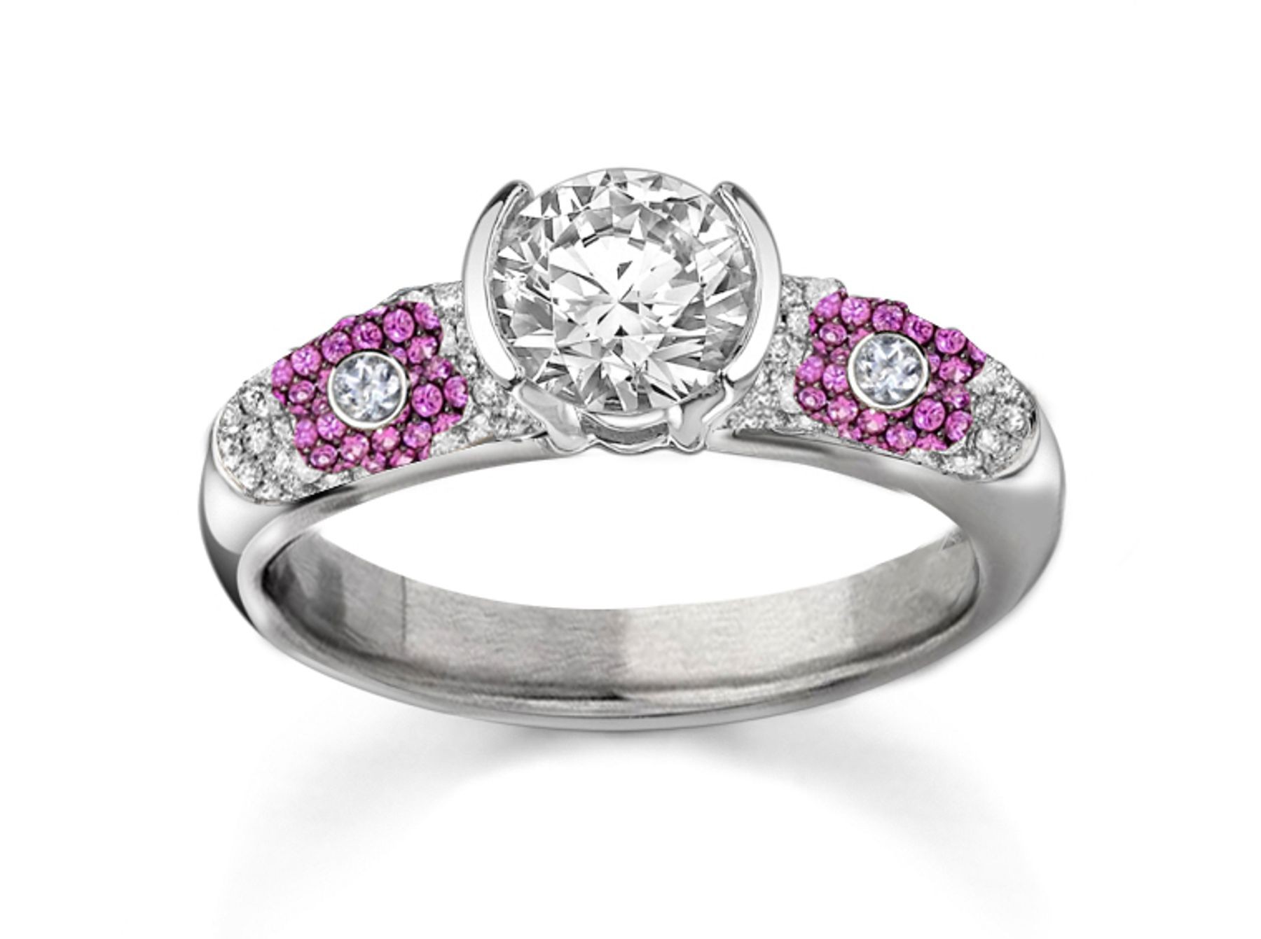 Luxurious and Large White Diamond Ring featuring pave set White Diamonds with pink Tradional Sapphire flowers