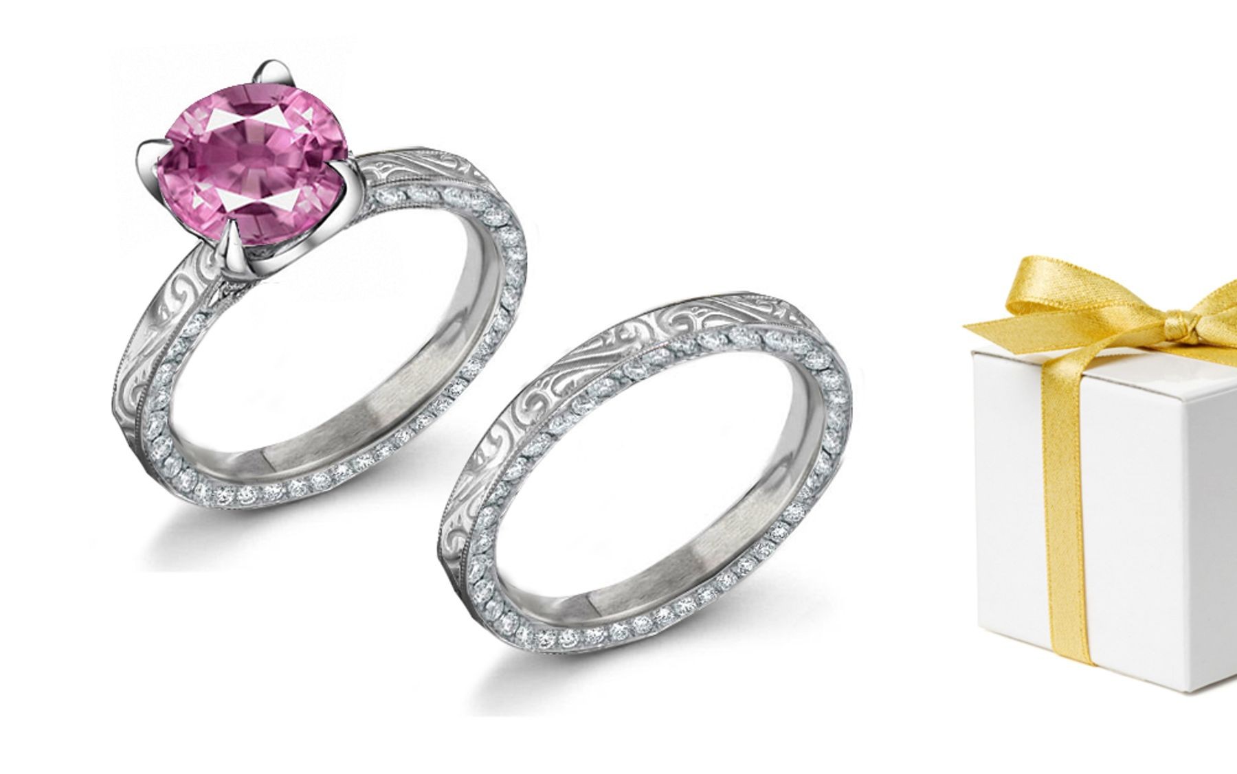 Pink Tradional Sapphire Diamond Ring with cast engraved scroll motif sides in in 14k white gold