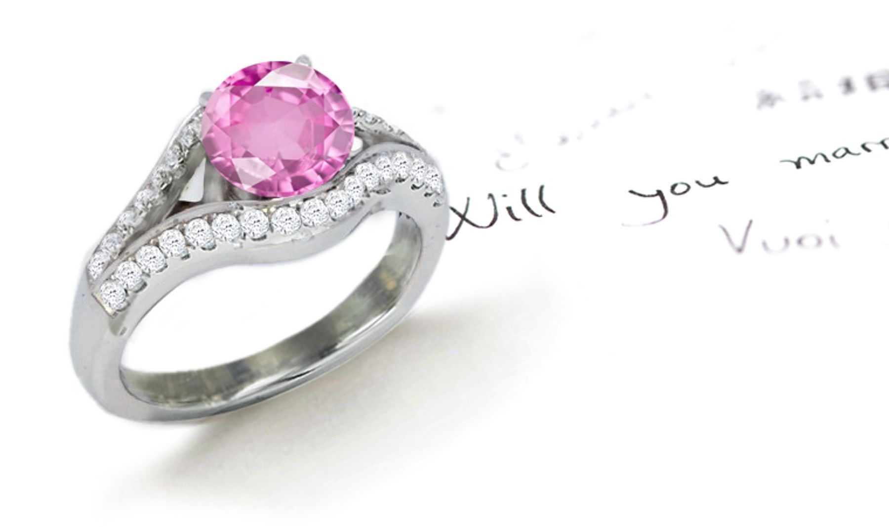 Round Pink Sapphire Split Shank Ring with Round Diamonds