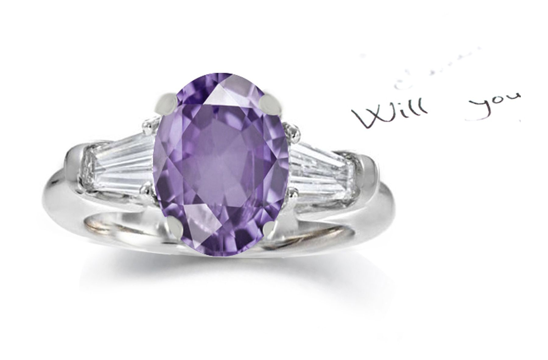 Fine Deep Purple Sapphire Tapered Diamond Engagement Ring