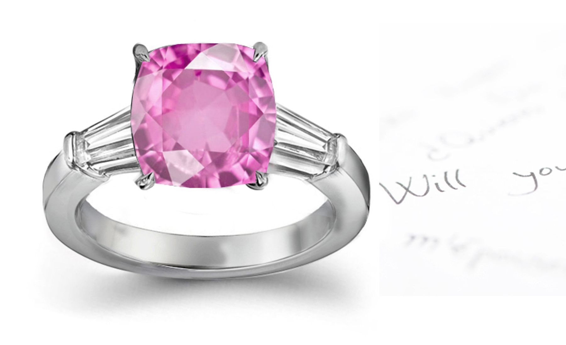 Pink Sapphire Cushion & Diamond Designer Rings Men's Matching Ban