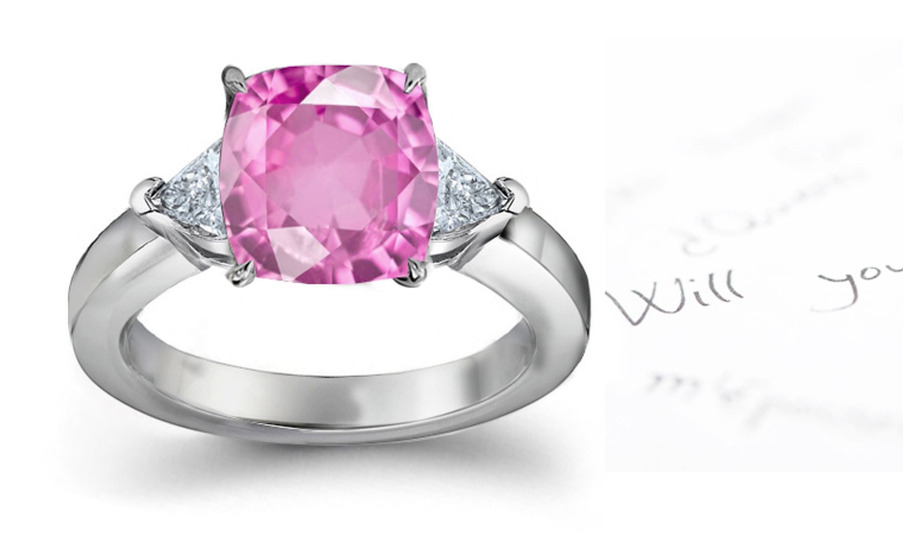 Lively Vivid Rich Pink Sapphire Cushion & Diamond Eternity Rings Available in Women's Ring Size 3 to 10