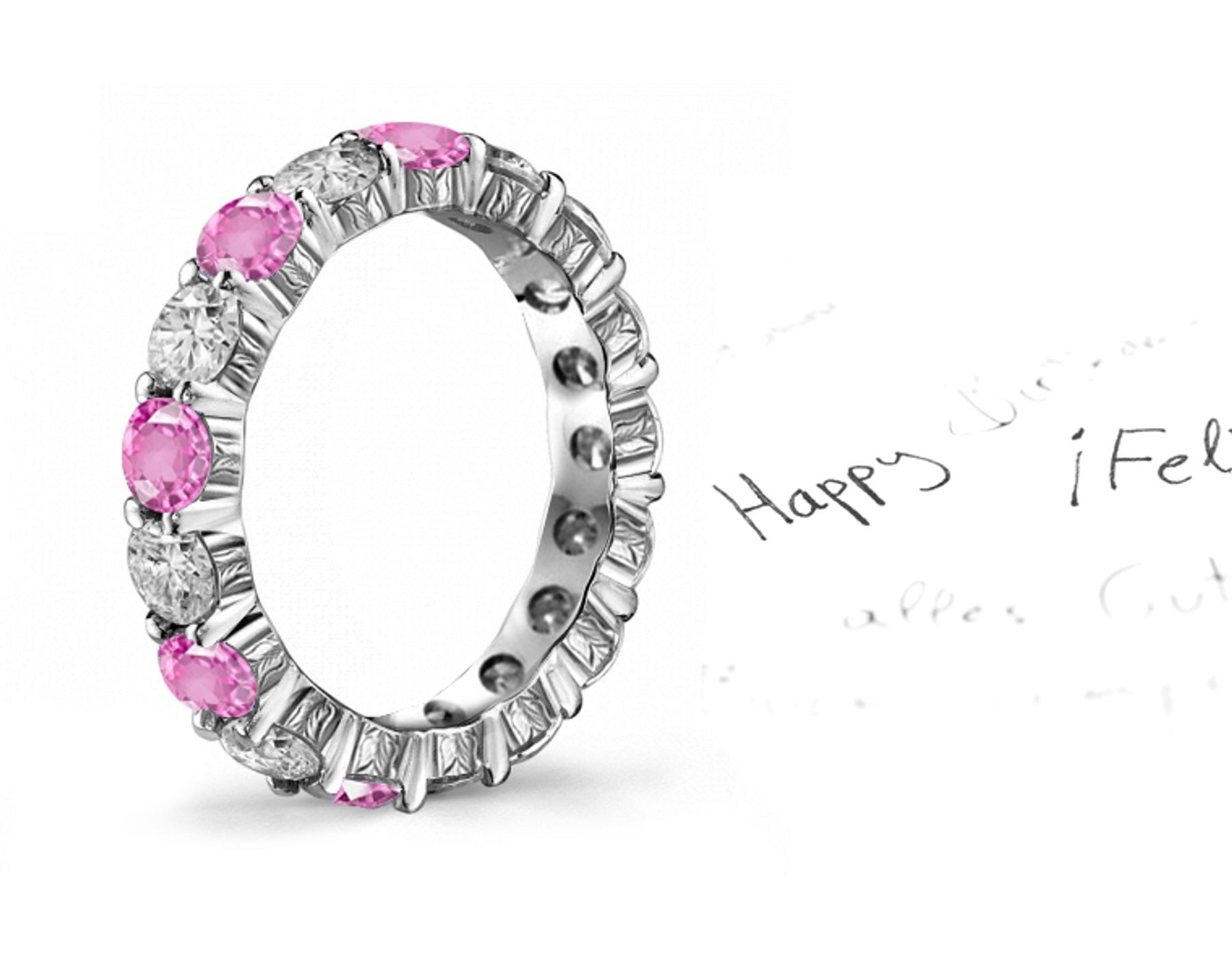 Engraved: Hand Crafted Pink Sapphire & Diamond Wedding Rings